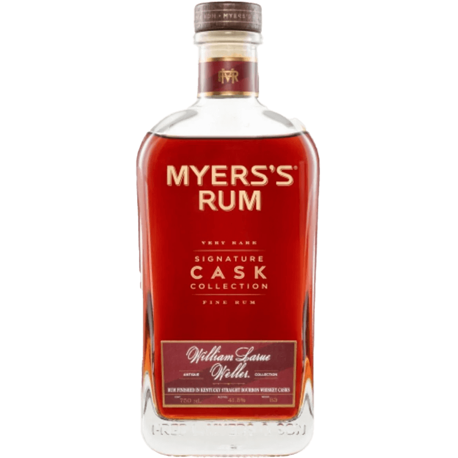 Myers's Rum Signature Cask Collection William Larue Weller in a clear bottle with a rich amber color.