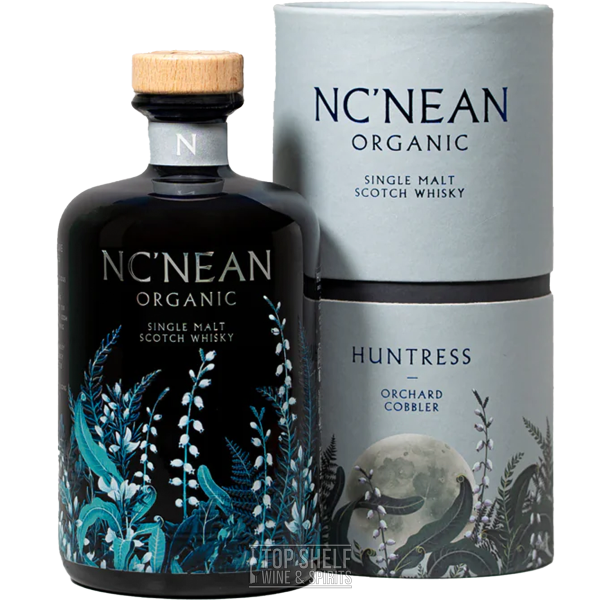 NC'Nean Huntress Orchard Cobbler Organic Single Malt Scotch whisky bottle and packaging design.