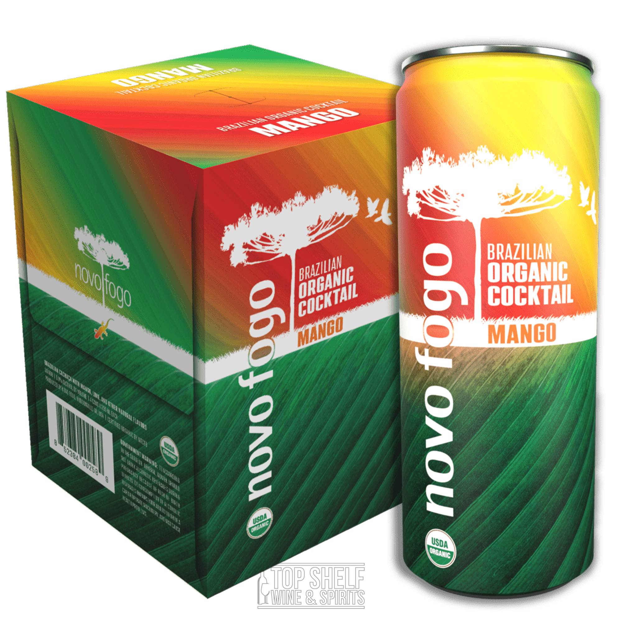 Novo Fogo Brazilian Organic Mango Cocktail 4 pack, showcasing vibrant packaging and refreshing design.