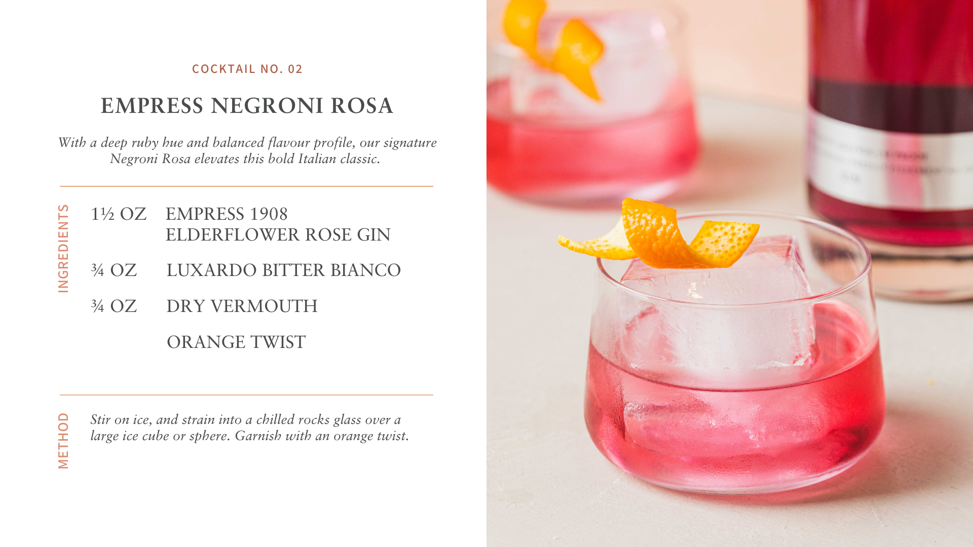 Empress Negroni Rosa cocktail recipe featuring Empress 1908 Elderflower Rose Gin with a vibrant pink hue.