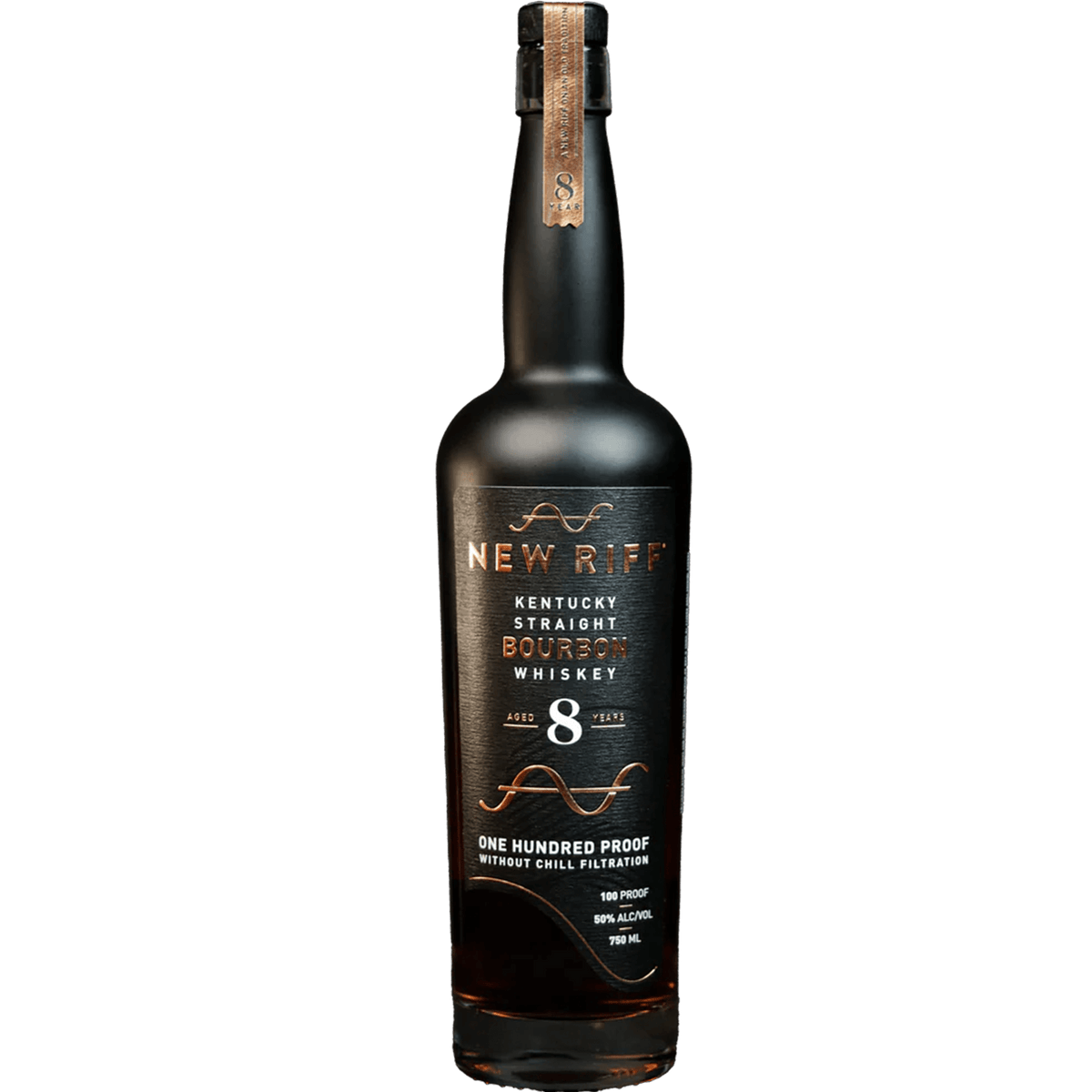 New Riff 8 Year Kentucky Straight Bourbon Whiskey, bottled at 100 proof without chill filtration.