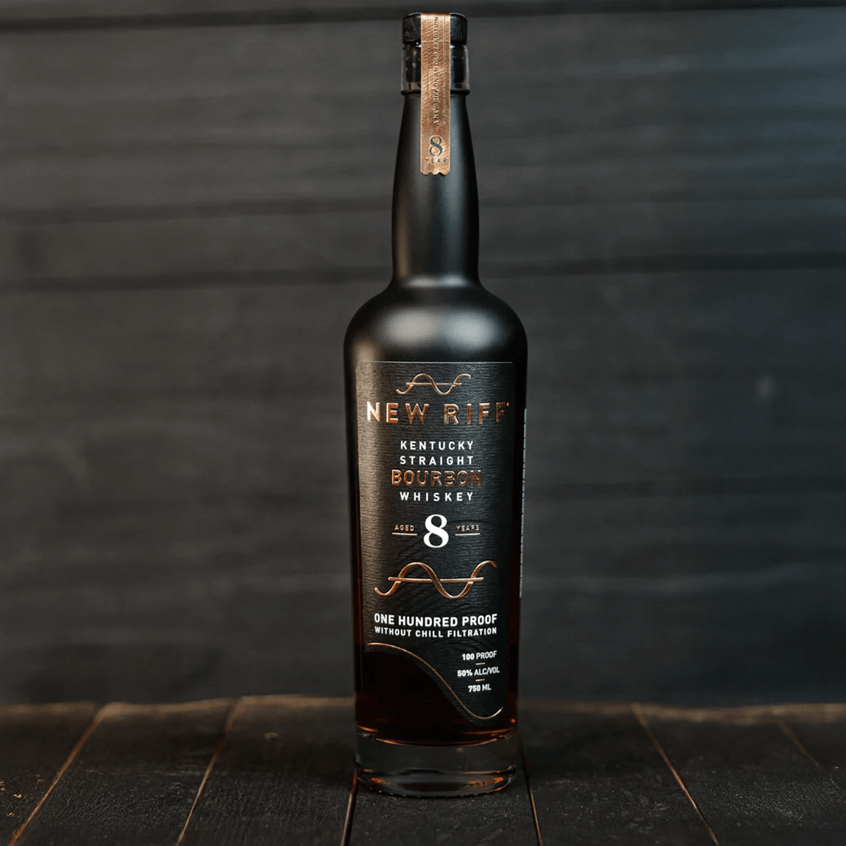 New Riff 8 Year Kentucky Straight Bourbon Whiskey bottle, bottled without chill filtration at 100 proof.
