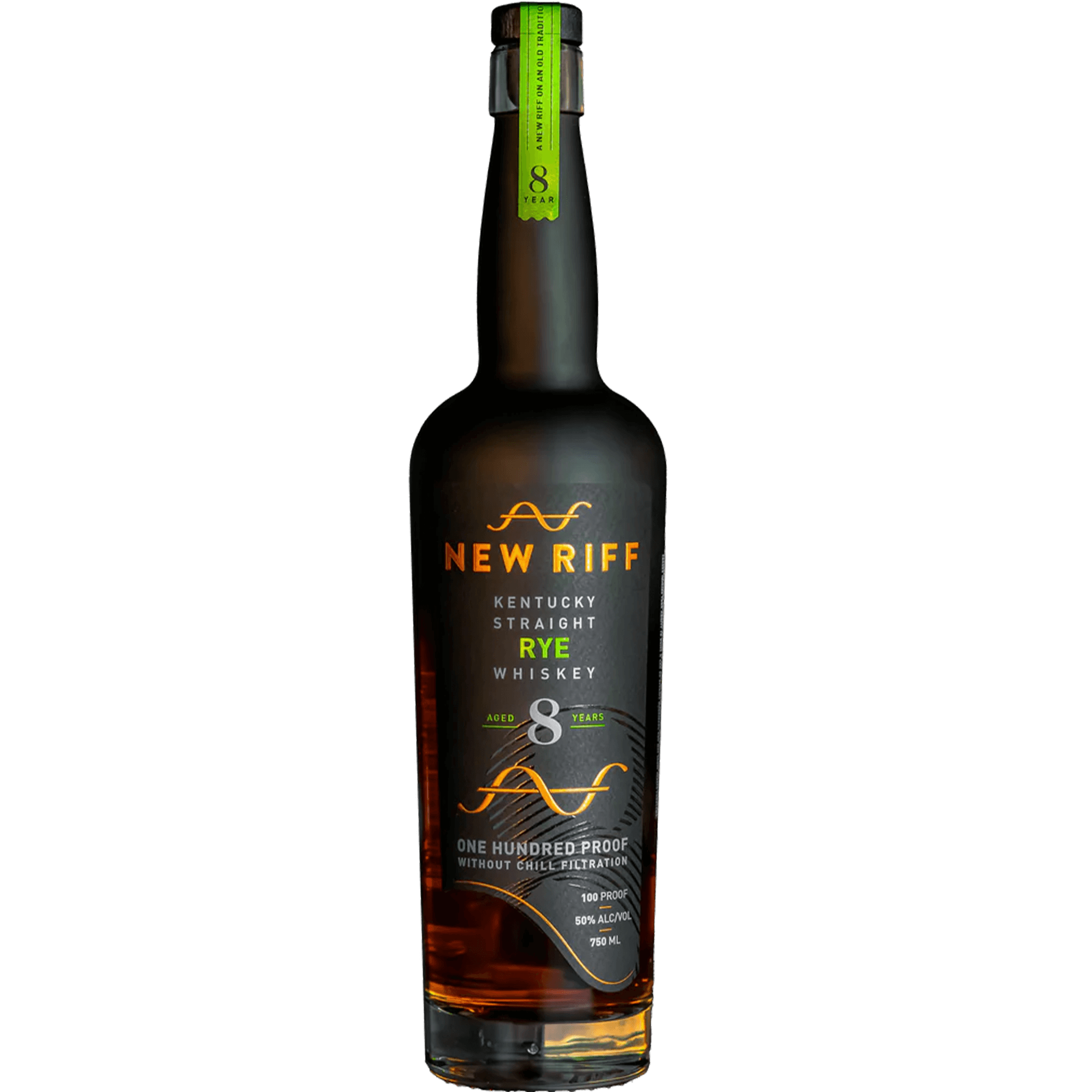 New Riff 8 Year Rye Whiskey bottle, 100 proof, rich spicy flavors, non-chill filtered, Kentucky straight rye whiskey.
