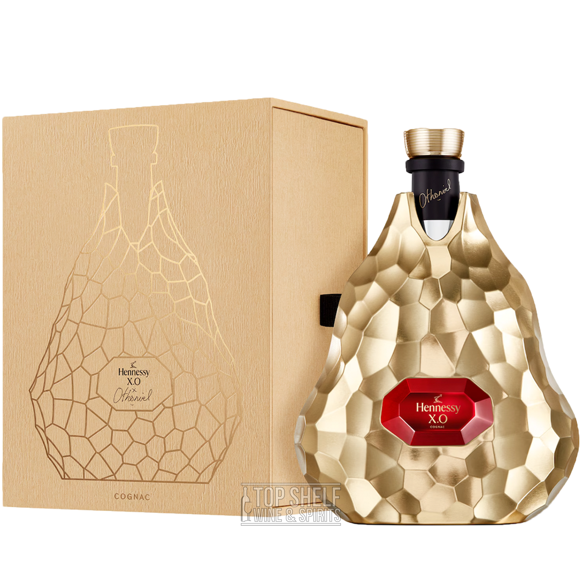 Limited Edition Hennessy X.O. Cognac bottle by Jean-Michel Othoniel, featuring a unique gold design and elegant packaging.