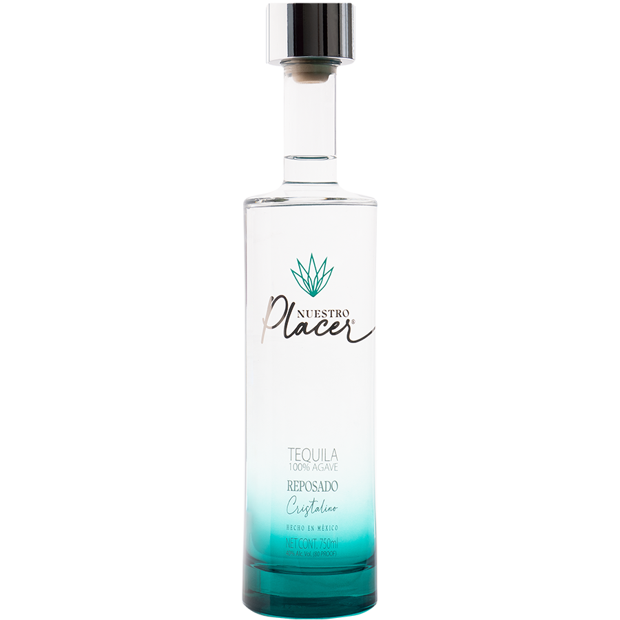 Nuestro Placer Tequila Reposado Cristalino bottle with a modern design.