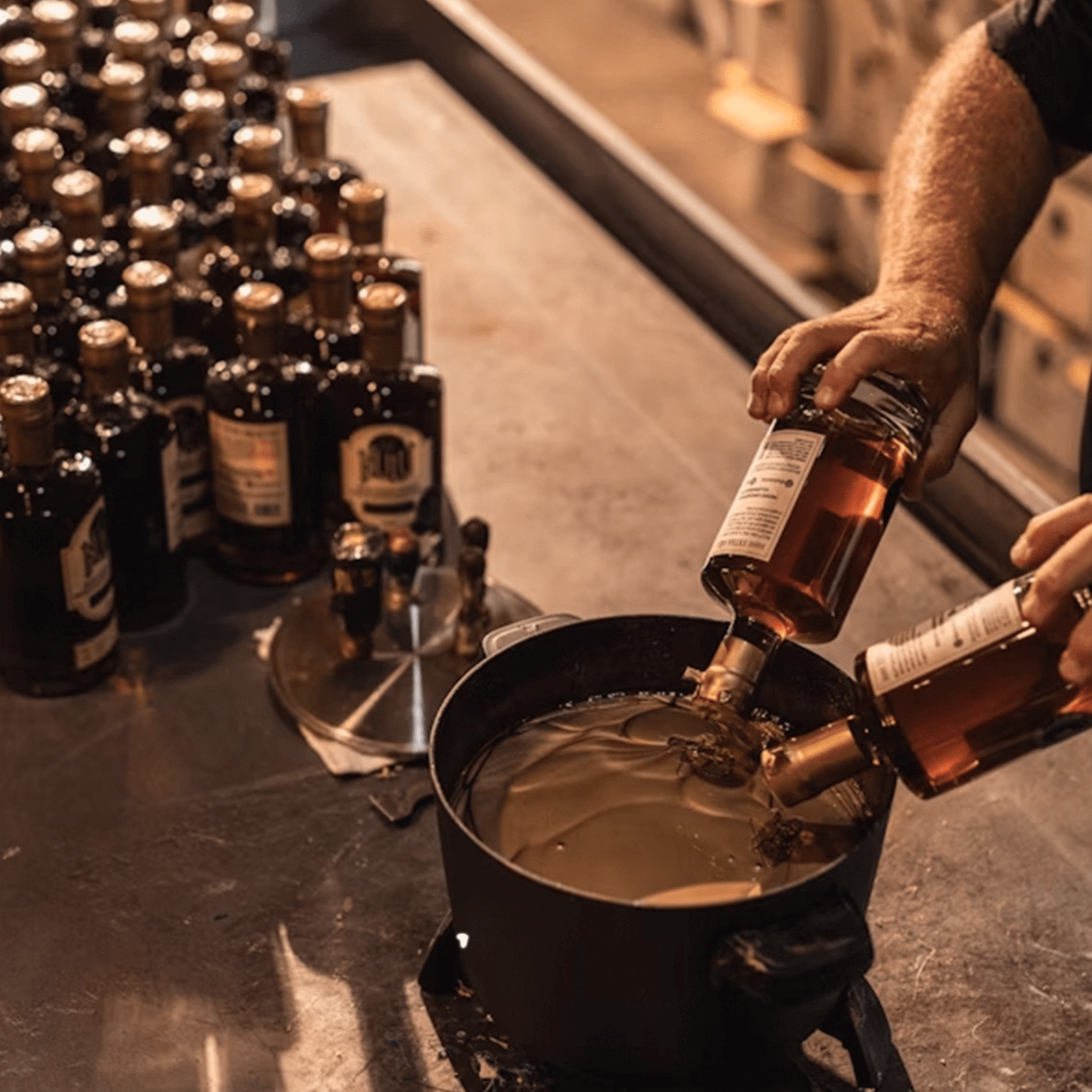 Preparing Nulu French Oak Small Batch Straight Bourbon by pouring whiskey into a measuring pot.