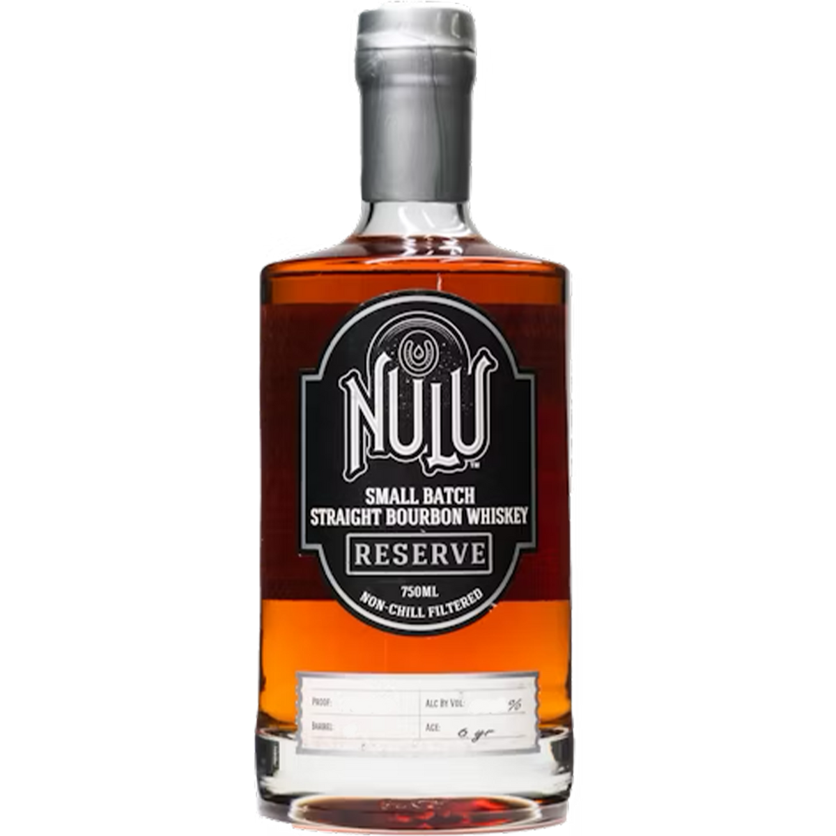 Nulu Reserve Bourbon Whiskey bottle showcasing small batch bourbon, 750ml, 107 proof, non-chill filtered.