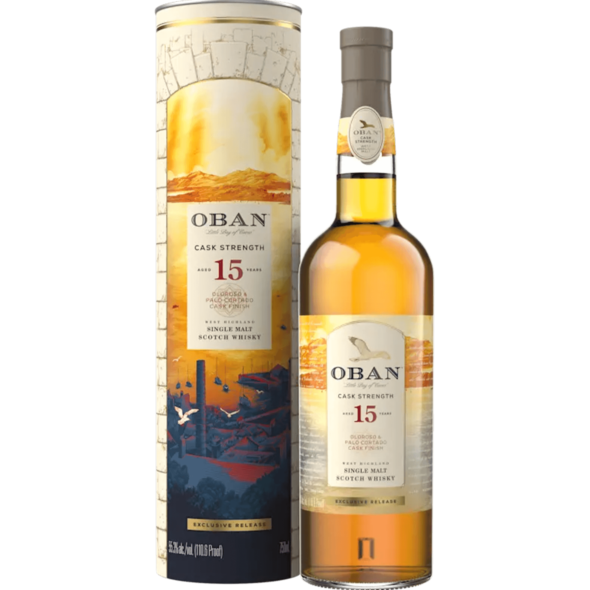 Oban 15 Year Cask Strength Single Malt Scotch Whisky in a decorative bottle and tube.