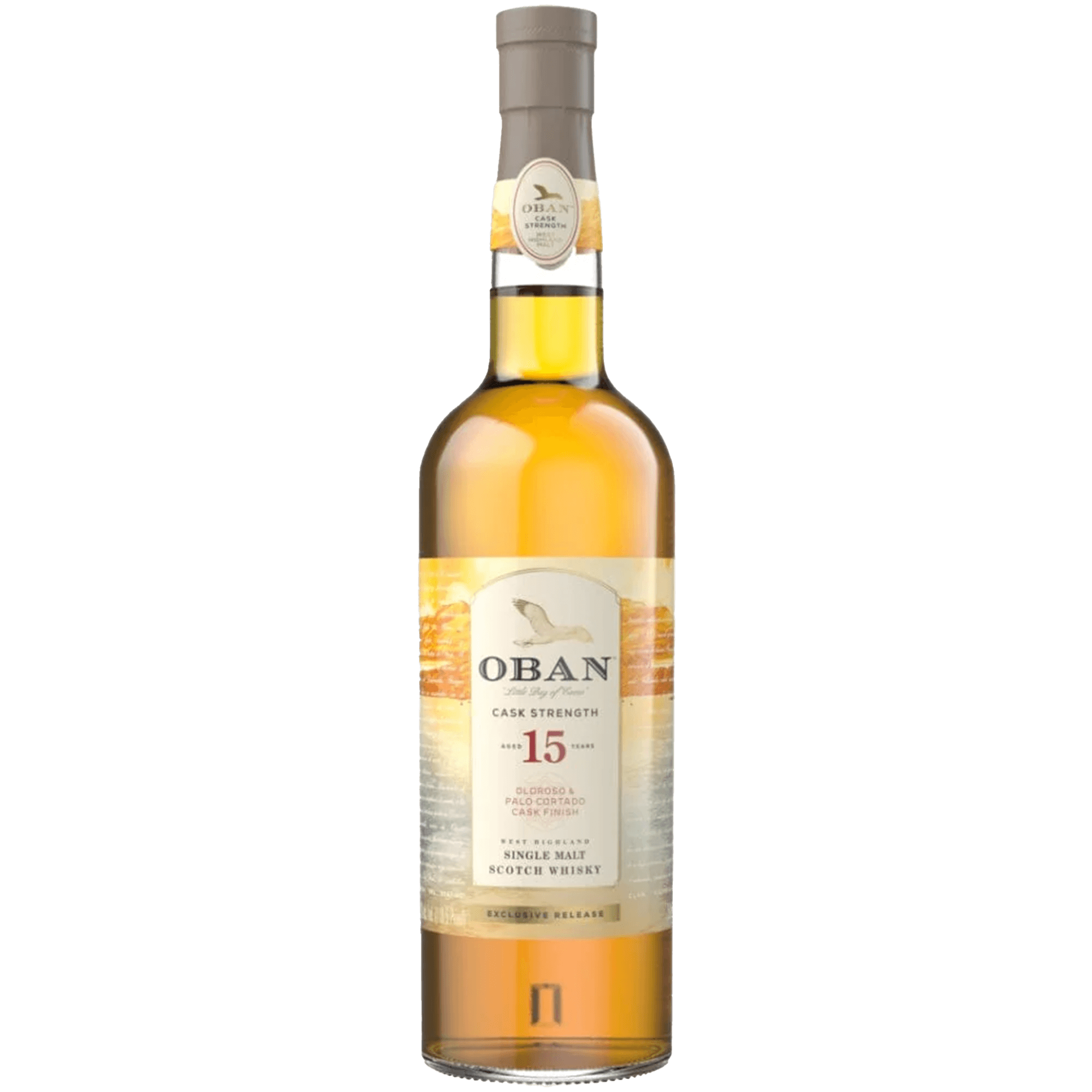 Oban 15 Year Cask Strength single malt Scotch whisky bottle with elegant label and rich amber color.