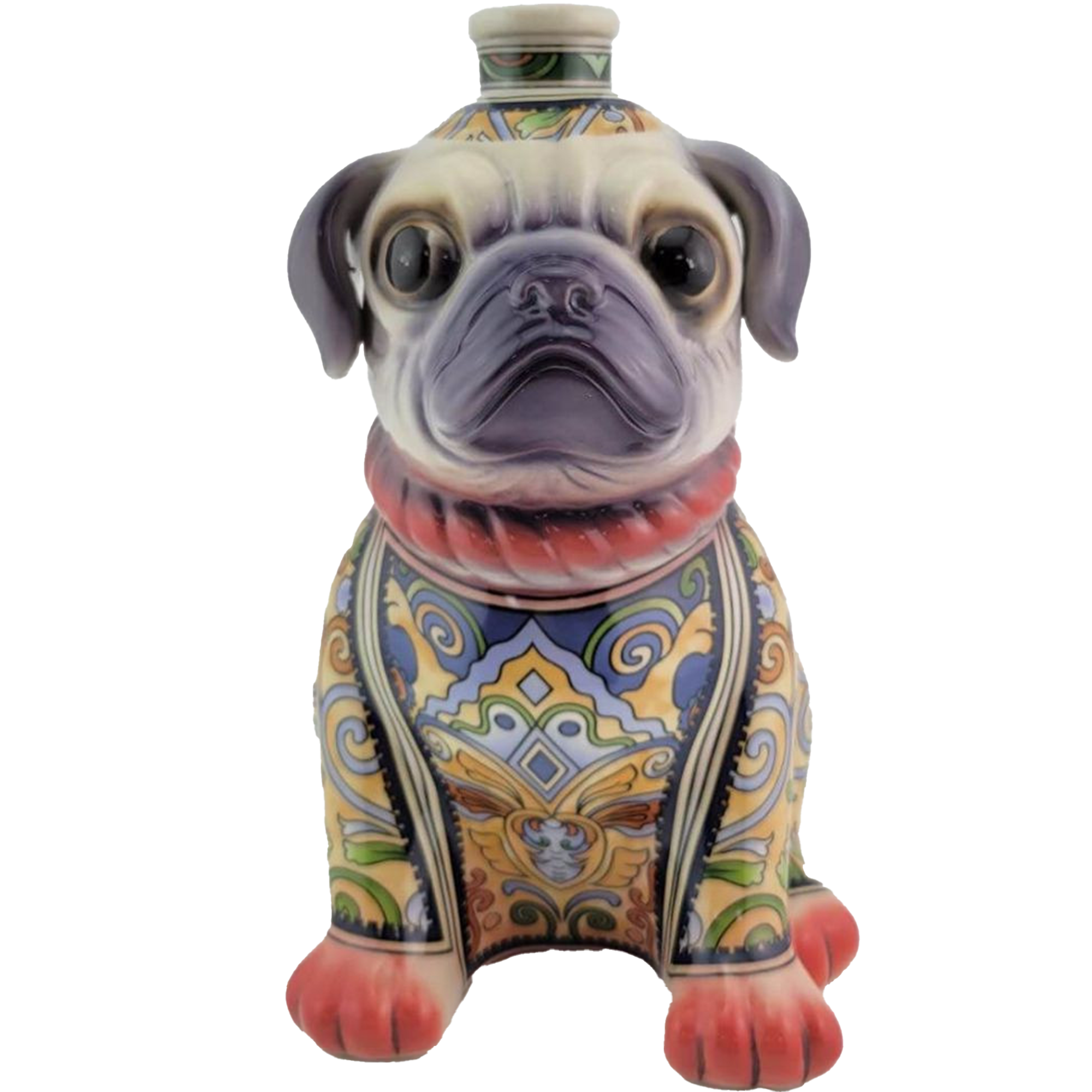 Decorative pug-shaped bottle for Oceano Azul Añejo Tequila, showcasing colorful design and craftsmanship.