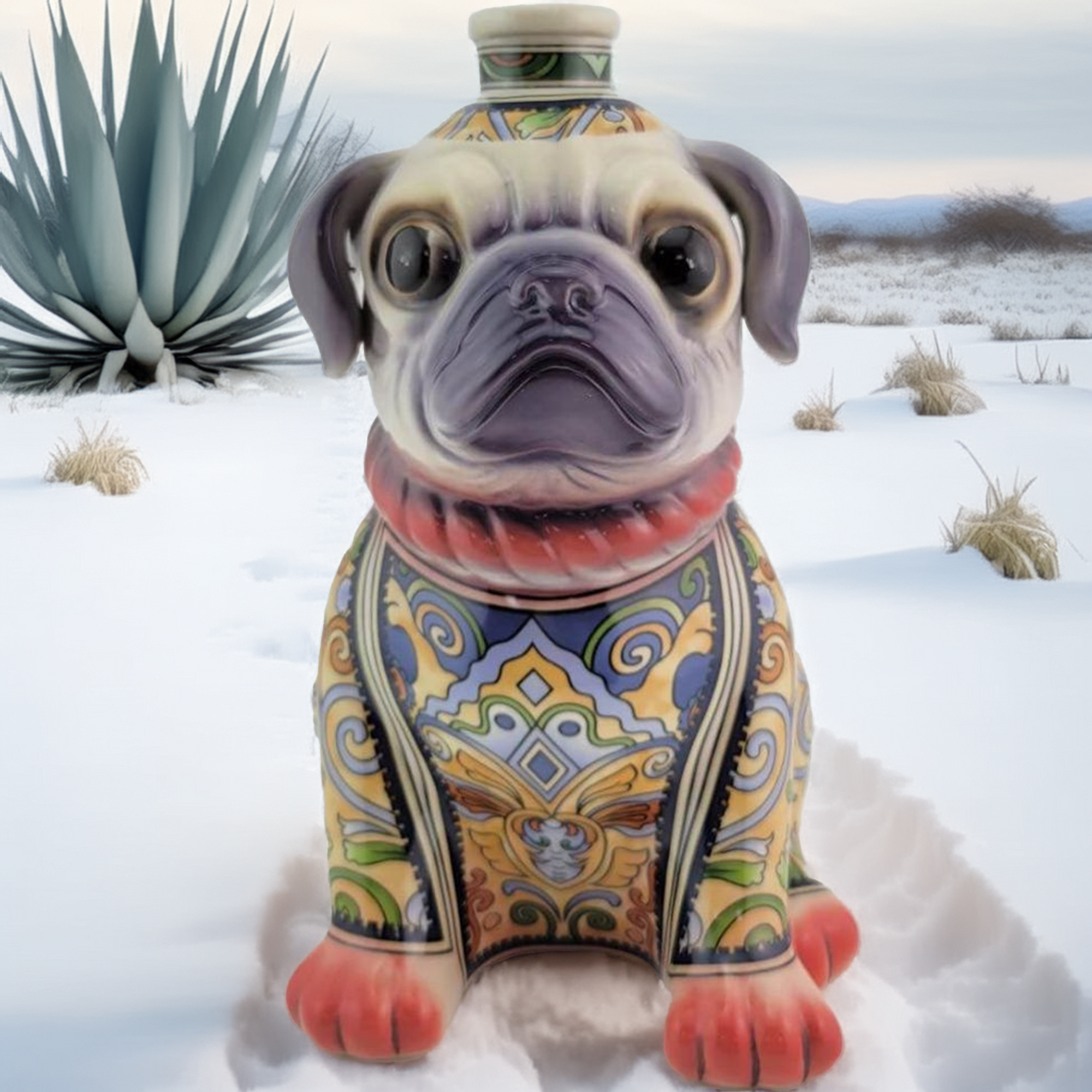 Oceano Azul Añejo Tequila bottle shaped like a colorful pug against an agave field backdrop.