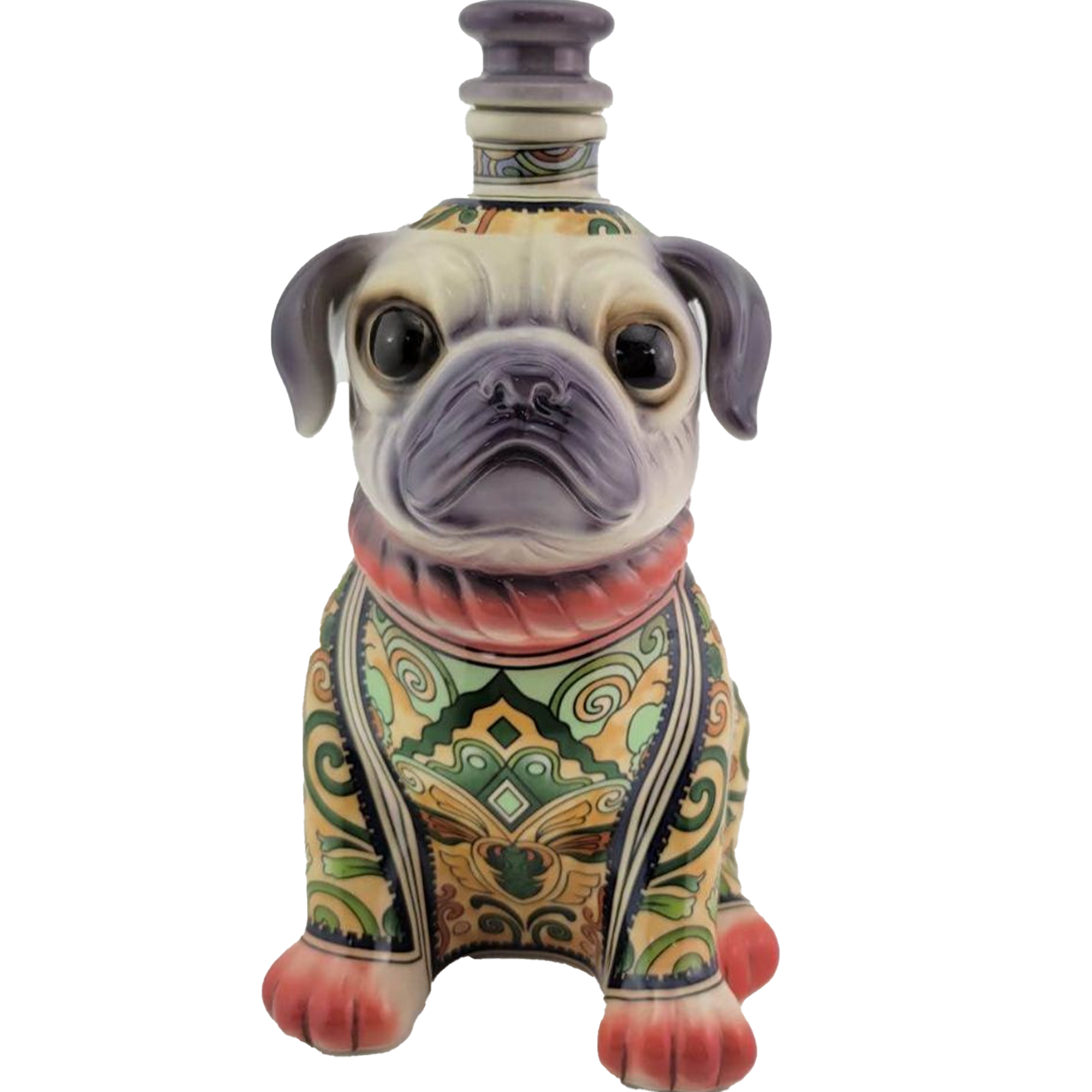 Oceano Azul Añejo Mr Pug Green Tequila bottle featuring a colorful pug design.