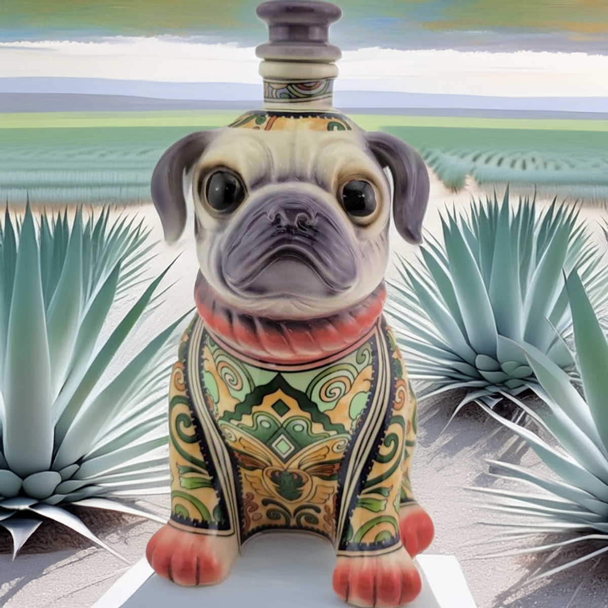 Decorative pug bottle for Oceano Azul Añejo tequila, surrounded by agave plants in Jalisco, Mexico.