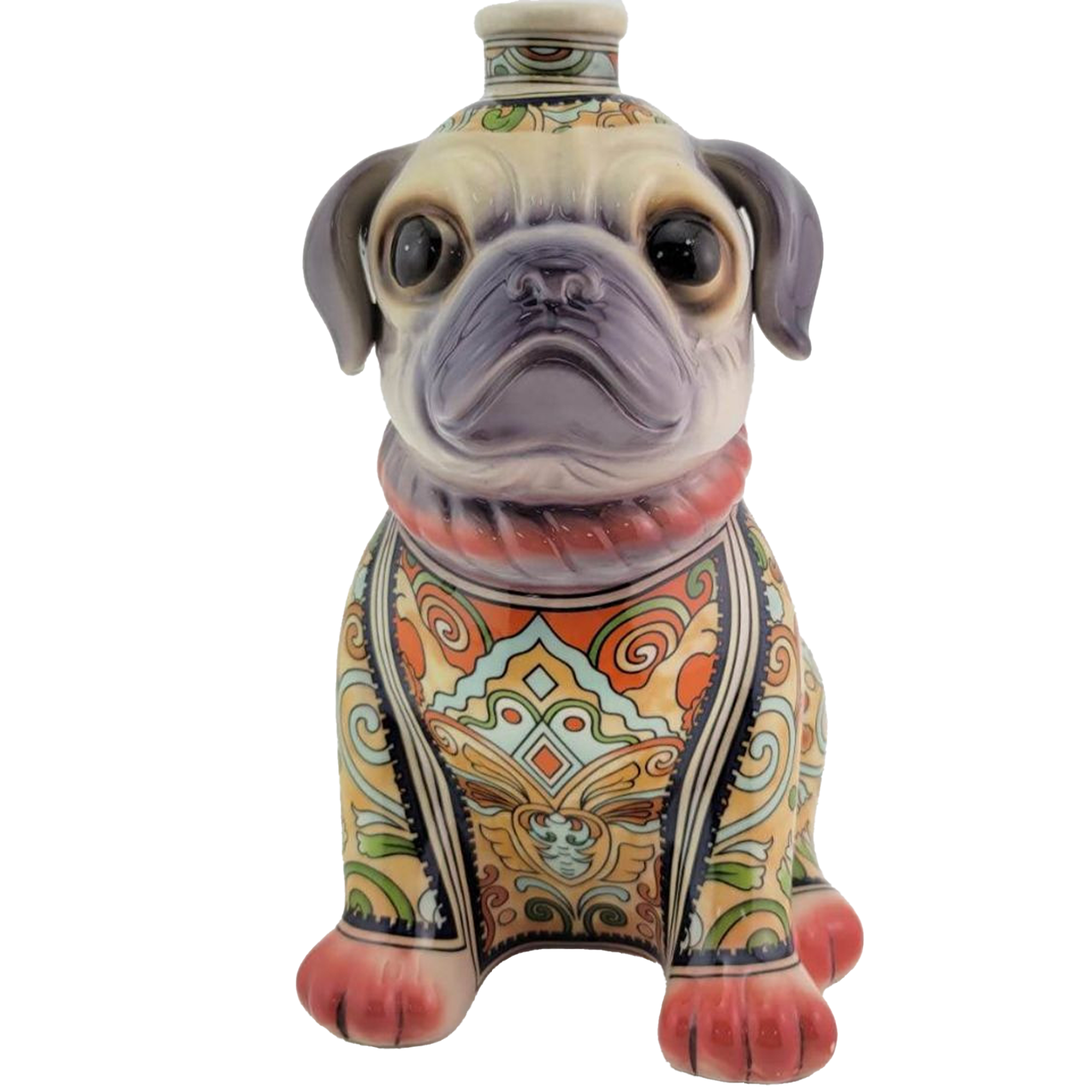 Colorful decorative ceramic pug bottle for Oceano Azul Añejo Tequila, featuring intricate patterns and vibrant designs.