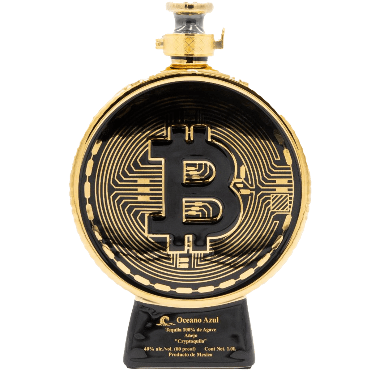 Oceano Azul Cryptoquila Añejo Tequila 1L bottle shaped like Bitcoin, featuring a rich black and gold design.