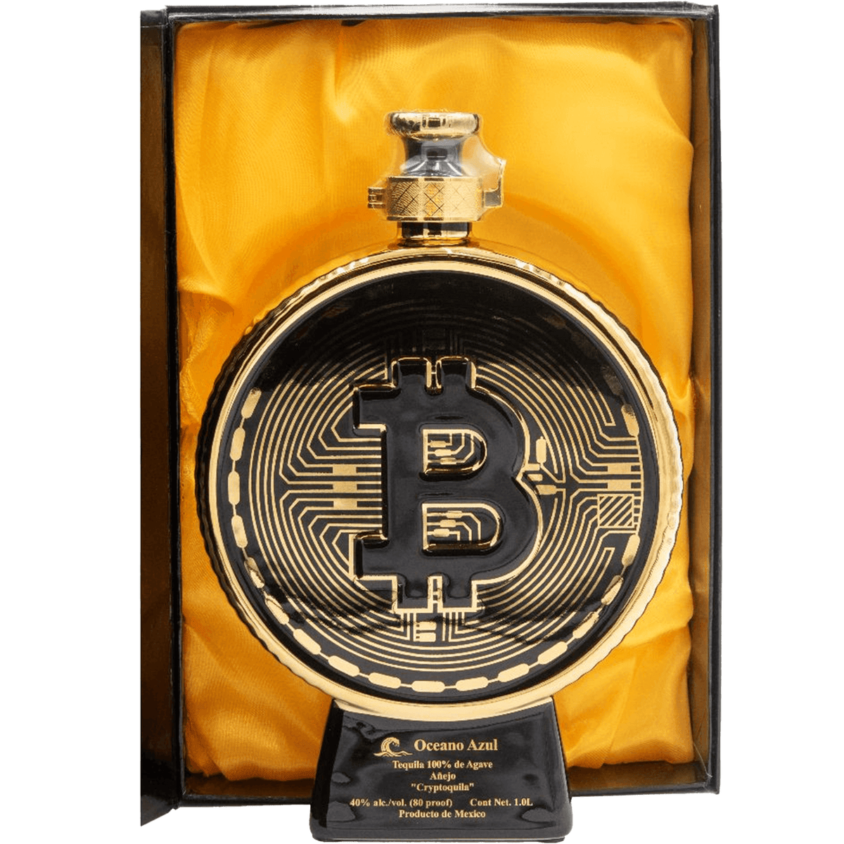 Oceano Azul Cryptoquila Añejo Tequila bottle shaped like Bitcoin, 1L, showcasing Mexico's rich heritage and smooth flavor.