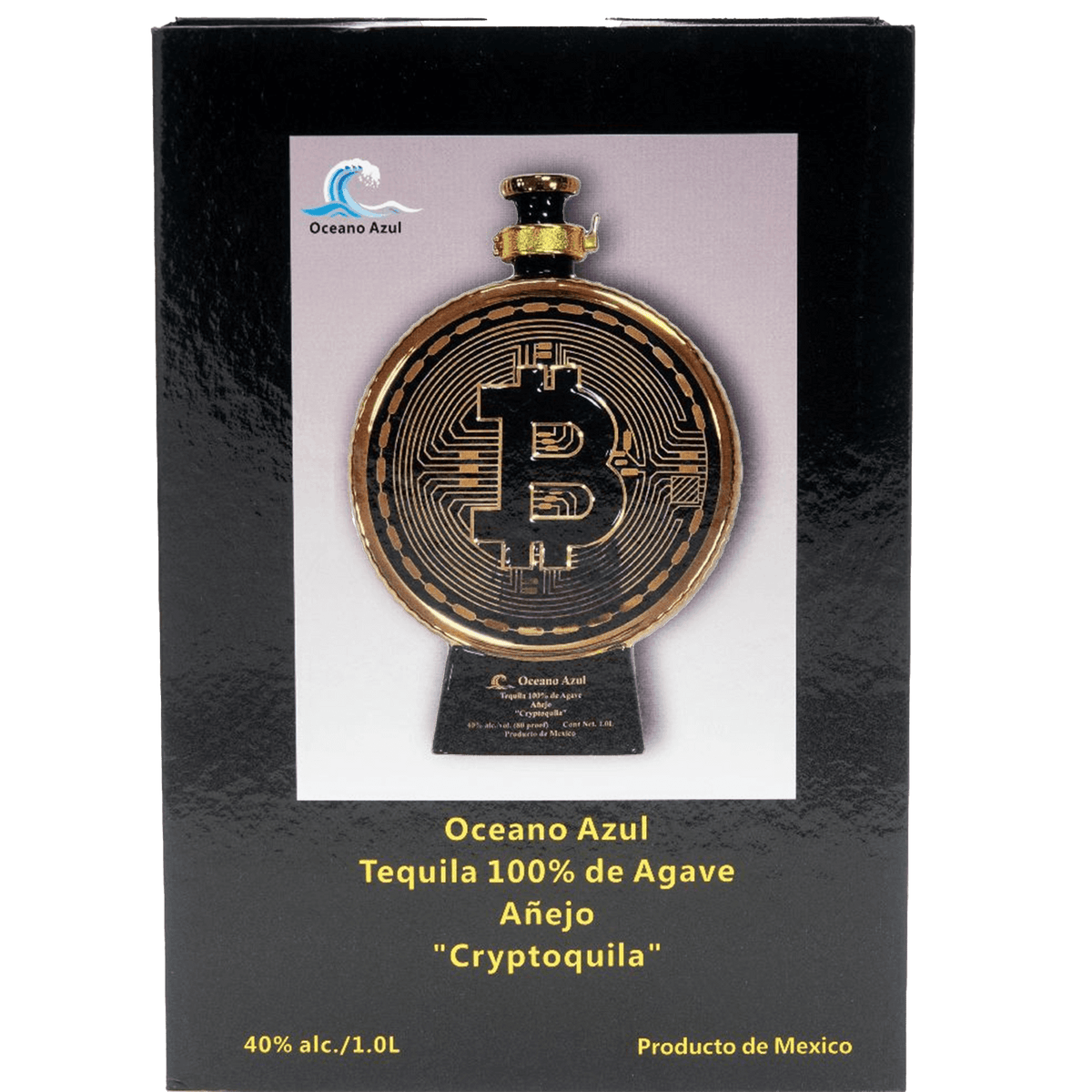 Oceano Azul Cryptoquila Añejo Tequila 1L bottle shaped like Bitcoin, 100% agave, showcasing Mexican heritage.