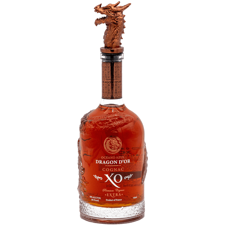 Oceano Azul Dragon D'or Cognac XO bottle with detailed dragon cork, showcasing rich amber color.