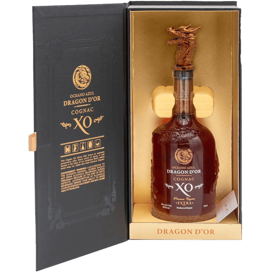 Oceano Azul Dragon D'or Cognac XO in a luxurious box, showcasing its elegant design and premium quality.