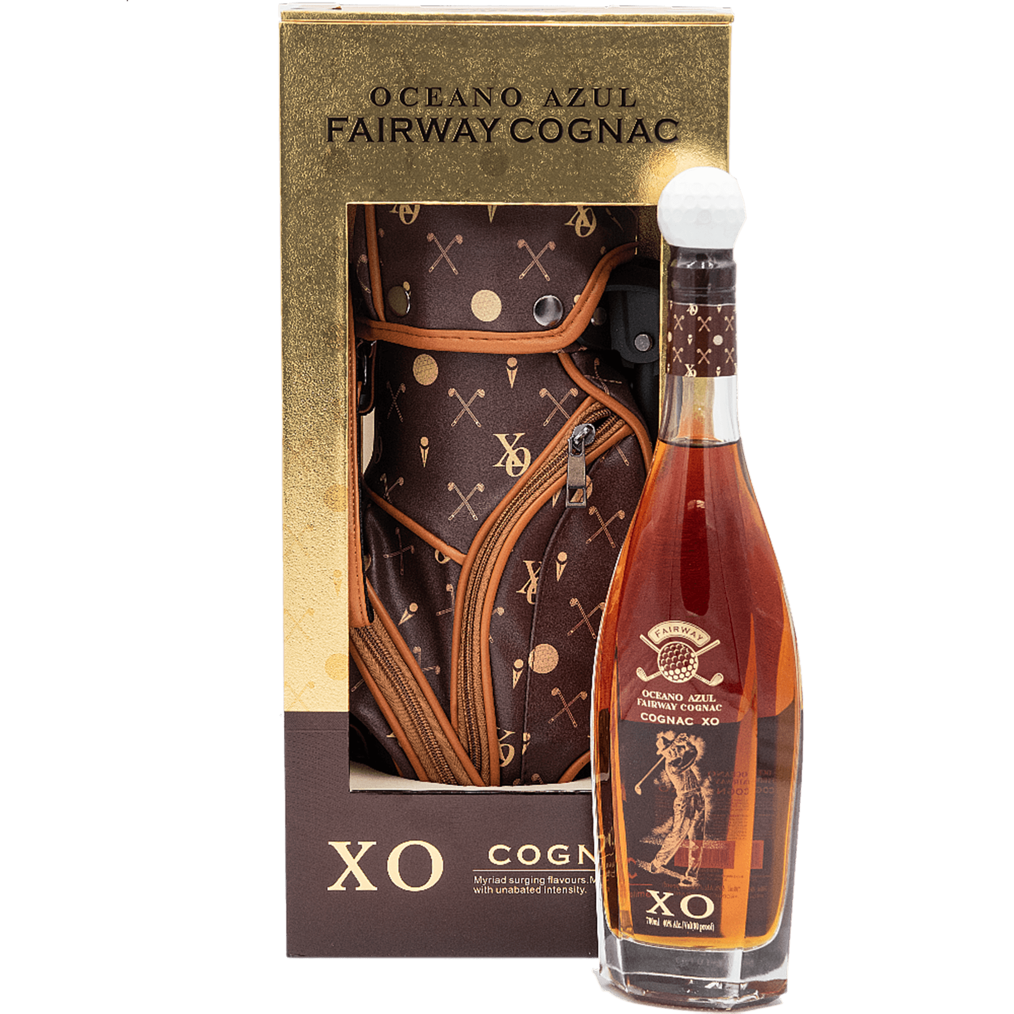 Oceano Azul Fairway Cognac XO 700ml in golf bag gift set with golf ball cork and two miniature clubs.