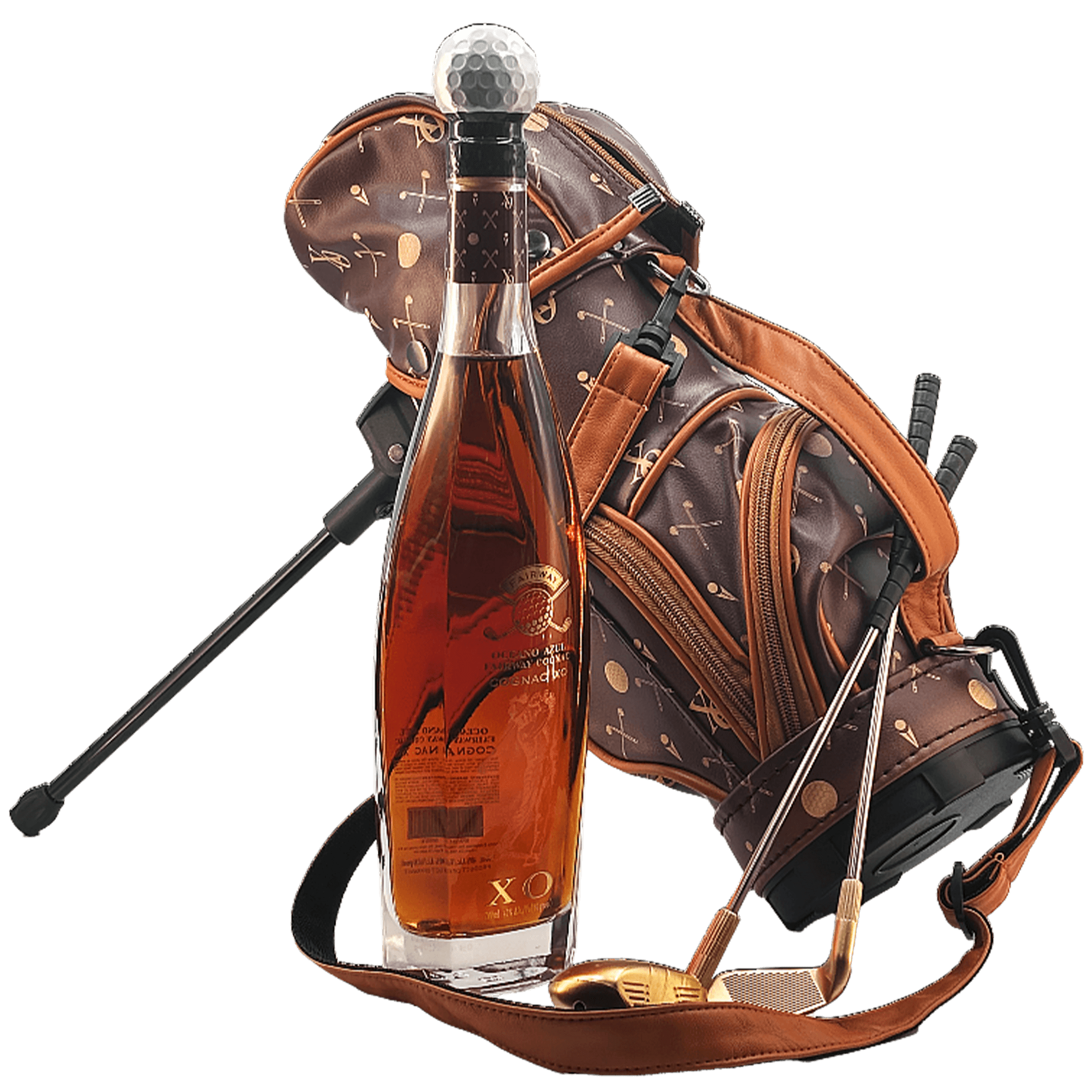 Oceano Azul Fairway Cognac XO 700ml in golf bag with clubs and golf ball cork, elegant gift set.