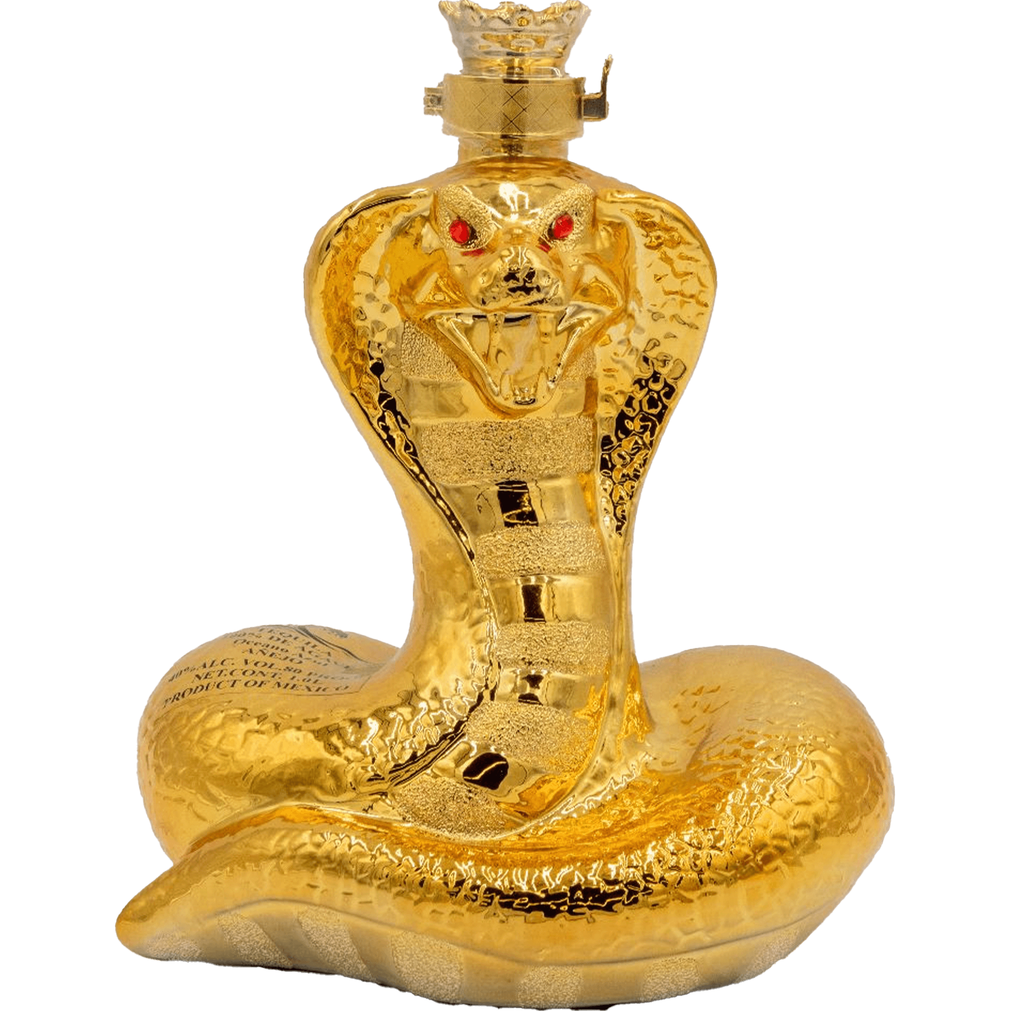 Oceano Azul Golden Snake Añejo Tequila 1L bottle shaped like a snake with a golden finish and red accents.