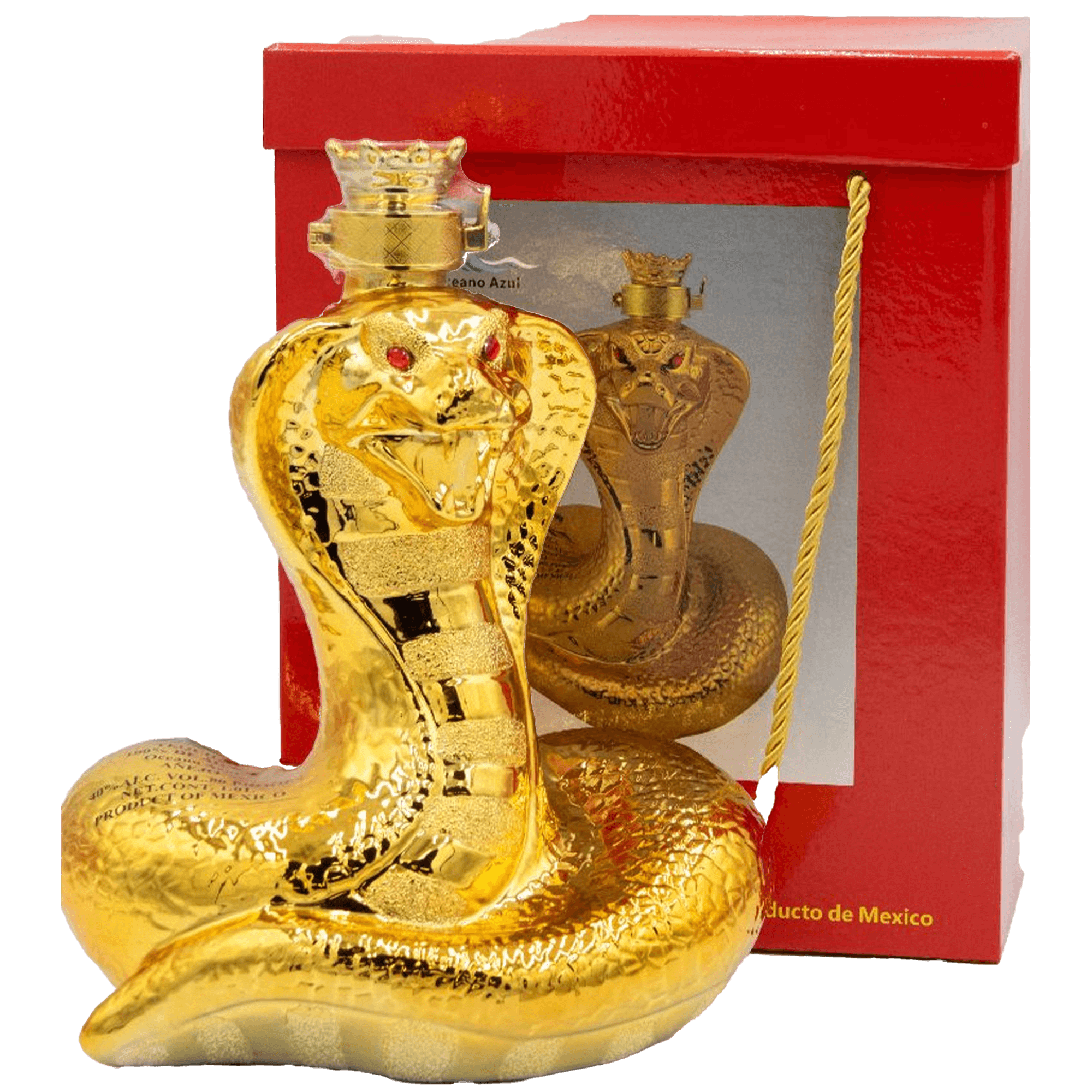 Oceano Azul Añejo Tequila in golden snake-shaped bottle with box, reflecting rich Mexican heritage.
