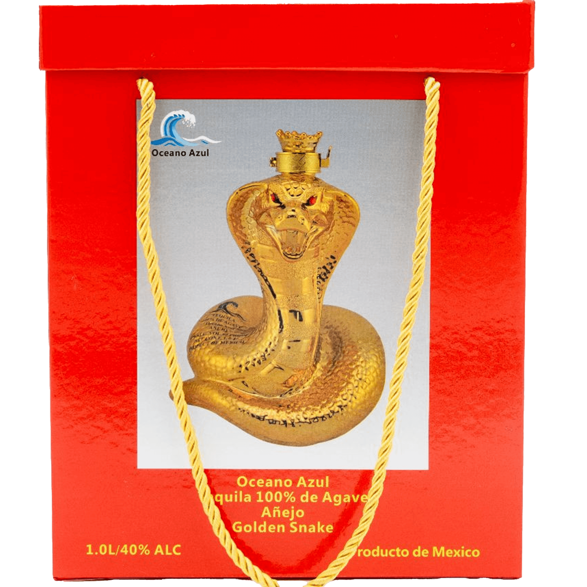 Oceano Azul Golden Snake Añejo Tequila bottle in red box, showcasing rich heritage and unique design.