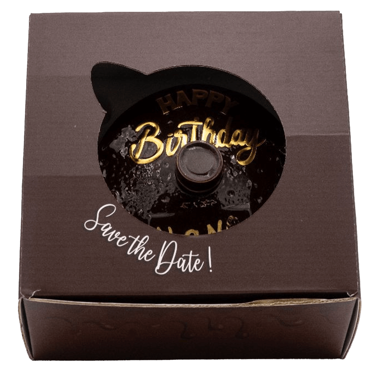 Brown birthday-themed cake box with gold lettering saying 'Happy Birthday' and 'Save the Date!'