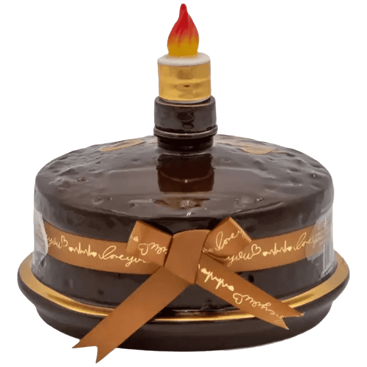 Oceano Azul Round Chocolate La Cake Vodka in a unique cake-shaped bottle with a decorative ribbon and candle.