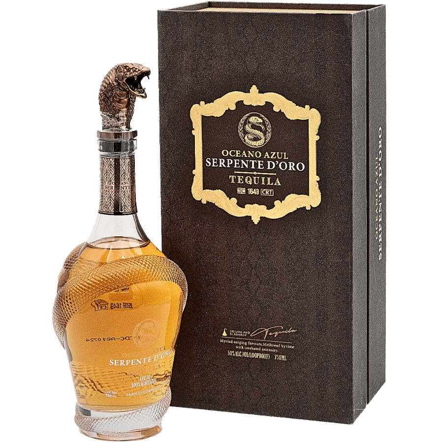Oceano Azul Serpente D'oro Añejo Tequila bottle and box, showcasing premium craftsmanship and rich flavor.