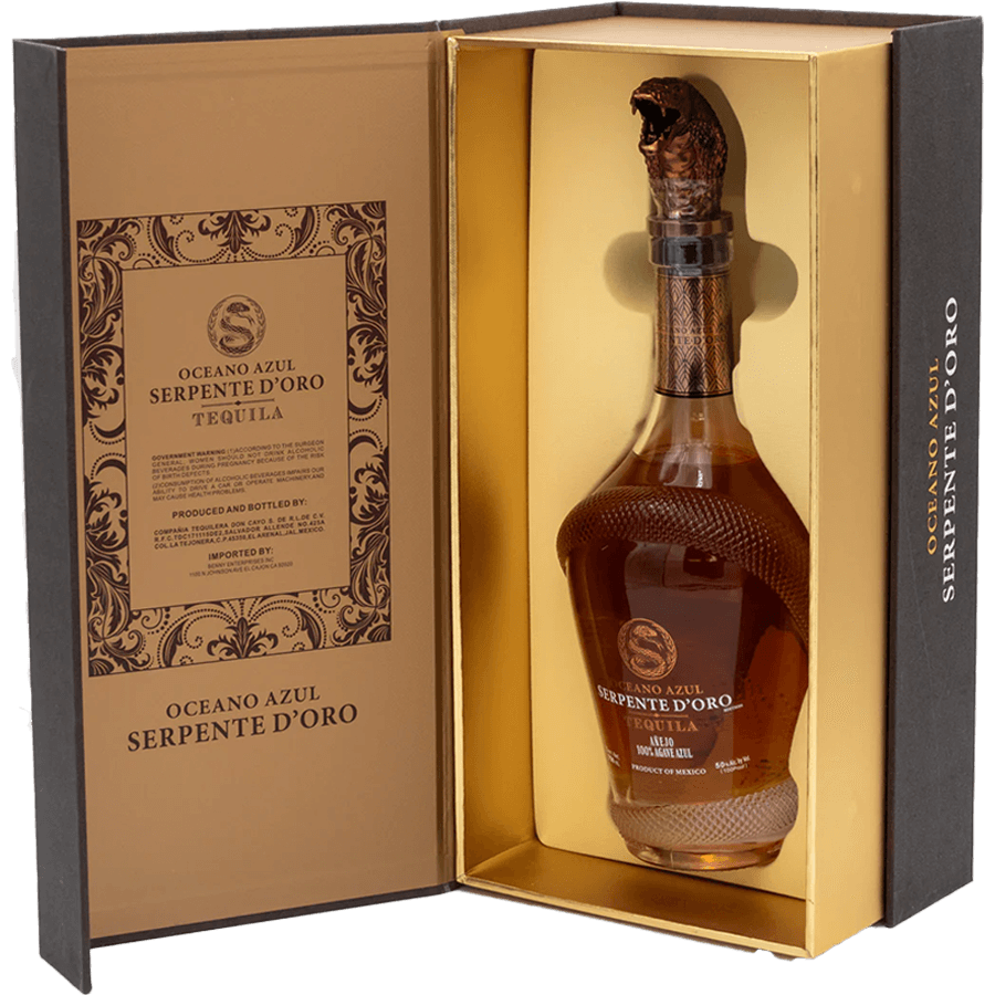 Oceano Azul Serpente D'Oro Añejo Tequila in elegant packaging, showcasing craftsmanship and luxury.