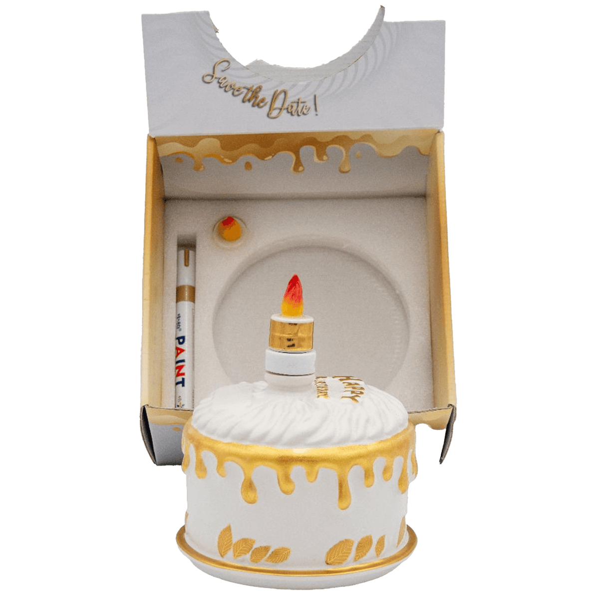 Ceramic cake-shaped box for Save the Date, featuring a candle and pen inside for special event reminders.