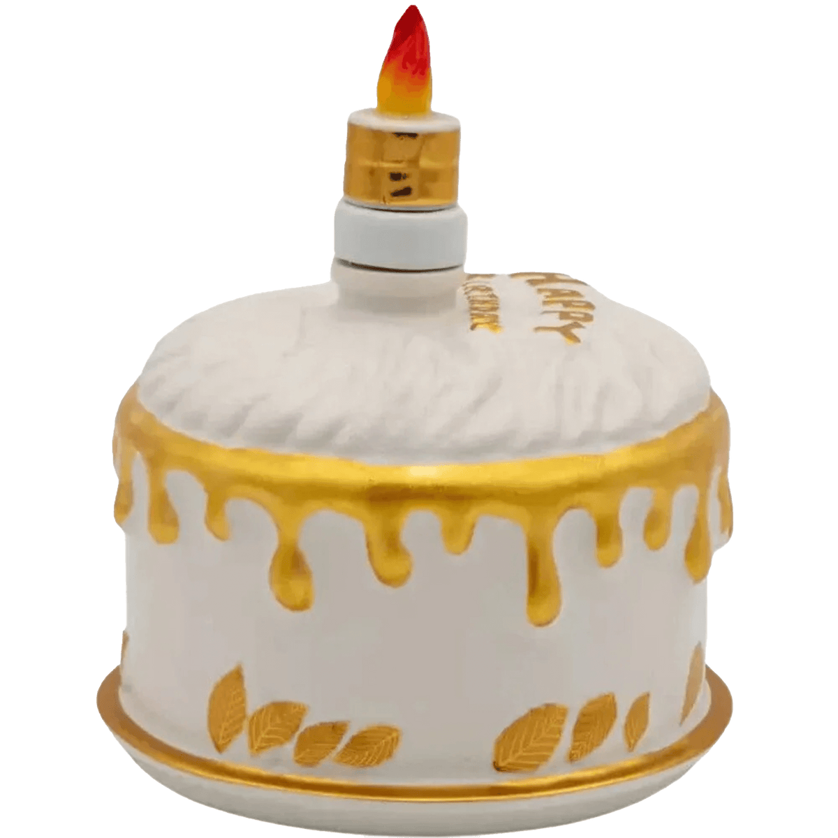 Oceano Azul La Cake Vodka bottle designed as a round cake with golden frosting and a flame topper.
