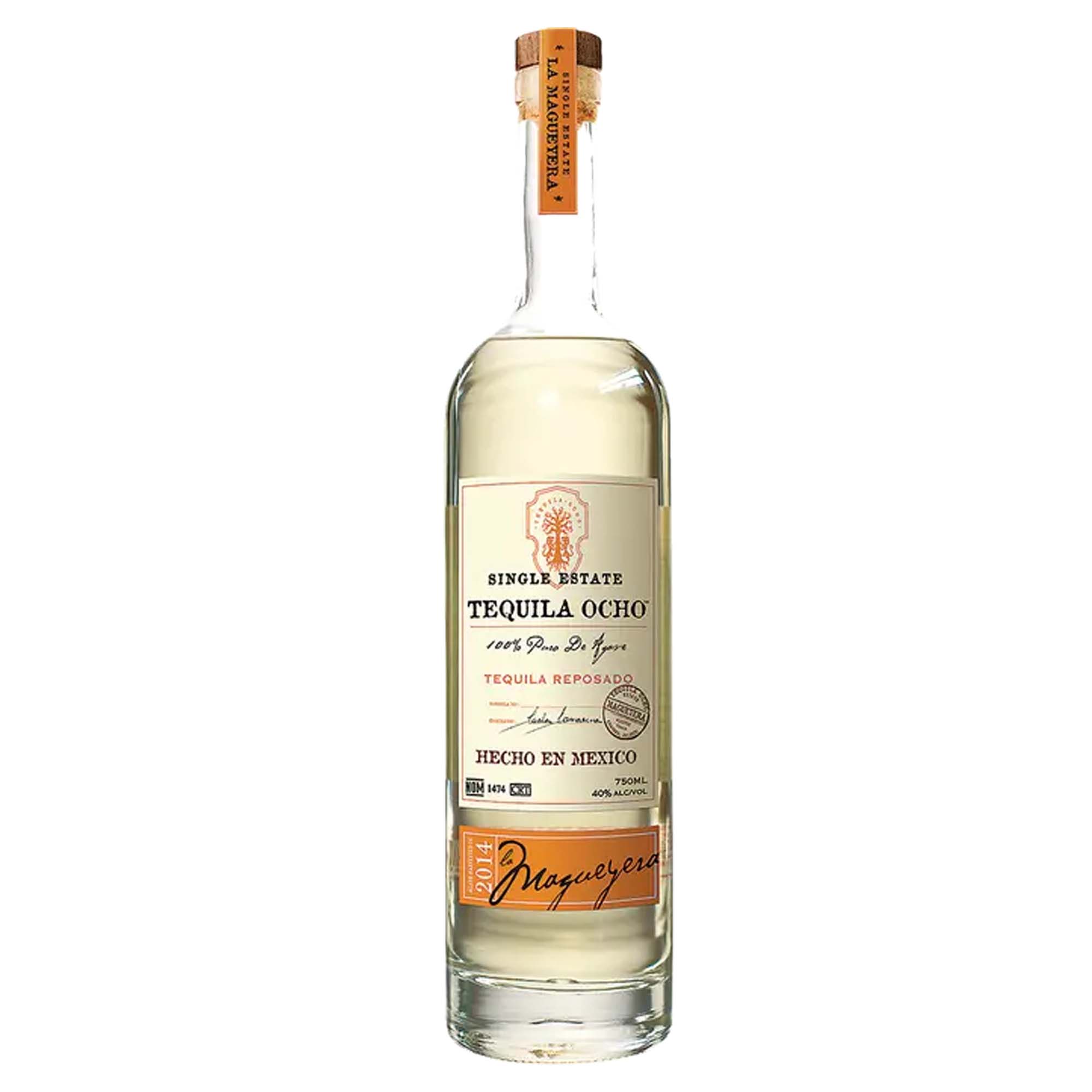 Tequila Ocho Reposado bottle, made from ripe agaves, showcasing craftsmanship from the Camarena family.