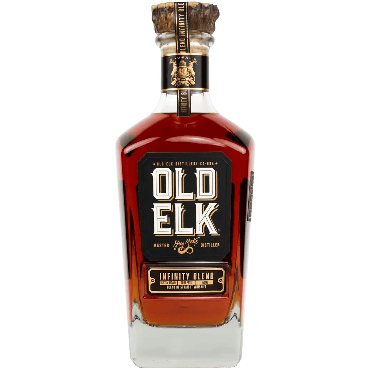 Old Elk 2023 Infinity Blend Whiskey bottle showcasing distinct design and rich amber color.