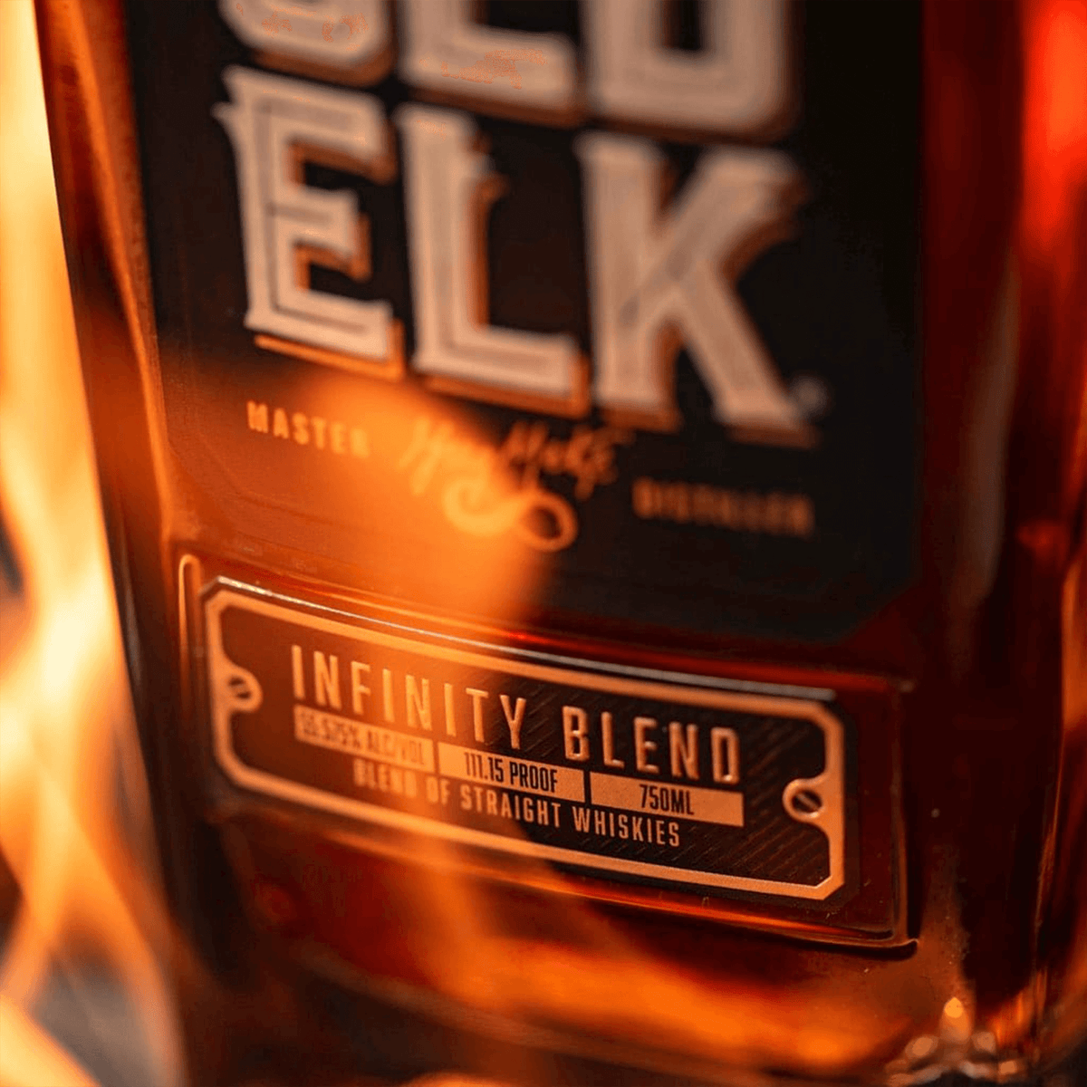 Close-up of Old Elk 2023 Infinity Blend Whiskey bottle showcasing its label and blend details.