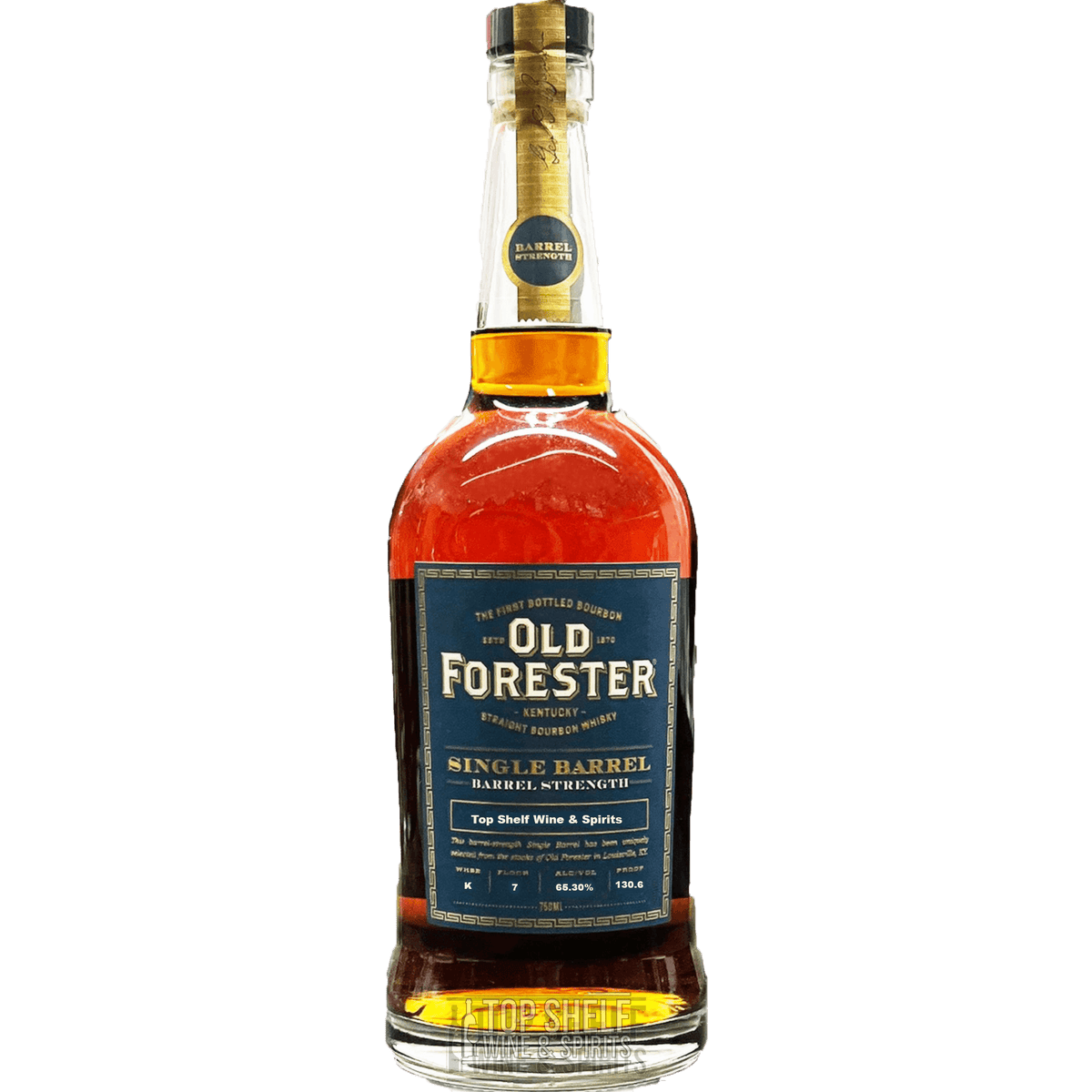 Old Forester Single Barrel Barrel Proof Bourbon, a private selection with 130.6 proof and rich amber color.