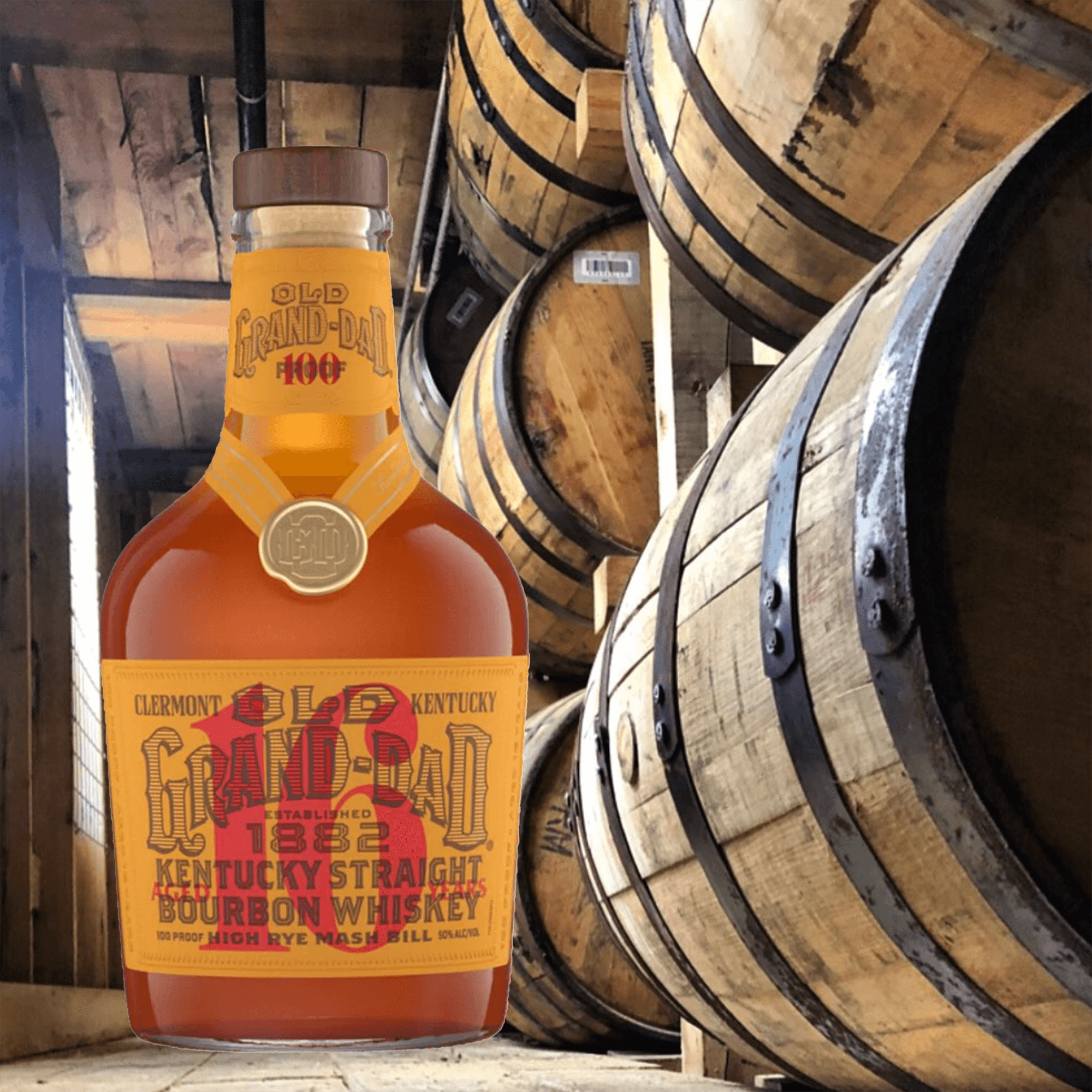 Old Grand Dad 16 Year Straight Bourbon bottle in a barrel warehouse showcasing American oak barrels.