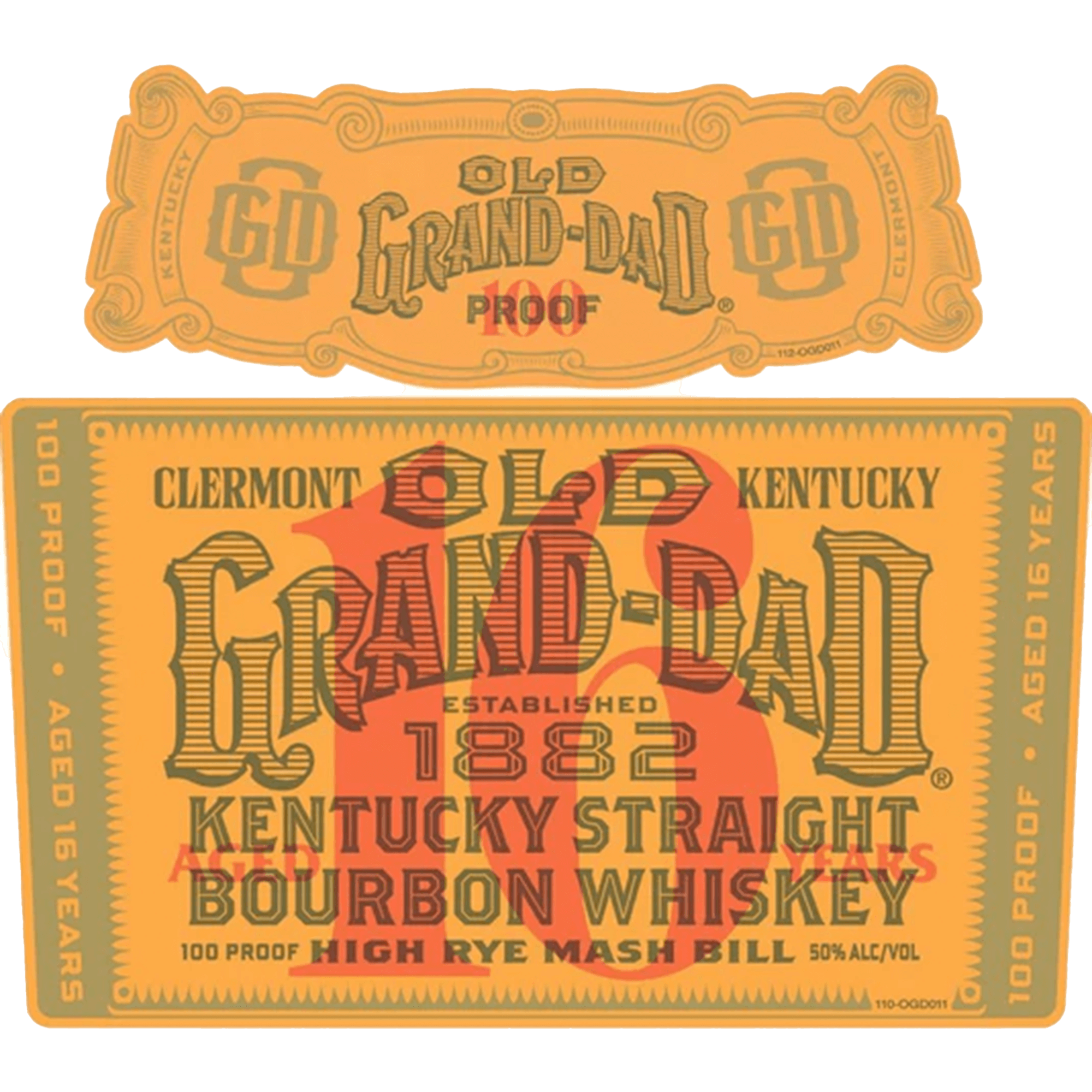 Label of Old Grand Dad 16 Year Straight Bourbon featuring details on proof, age, and high rye mash bill.