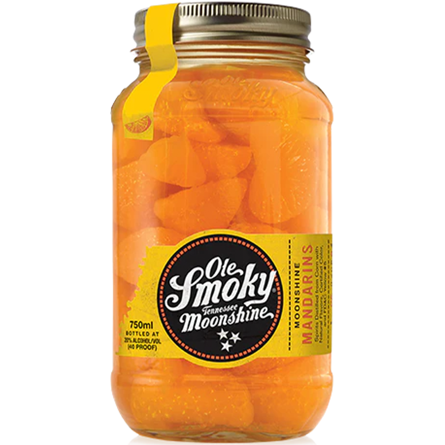 Ole Smoky Mandarins Moonshine jar with mandarin slices, 750ml bottle, 40 proof.