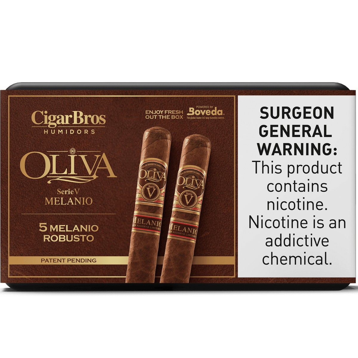 Oliva Serie V Melanio cigar box, showcasing 5 Melanio Robusto cigars from CigarBros, with nicotine warning.