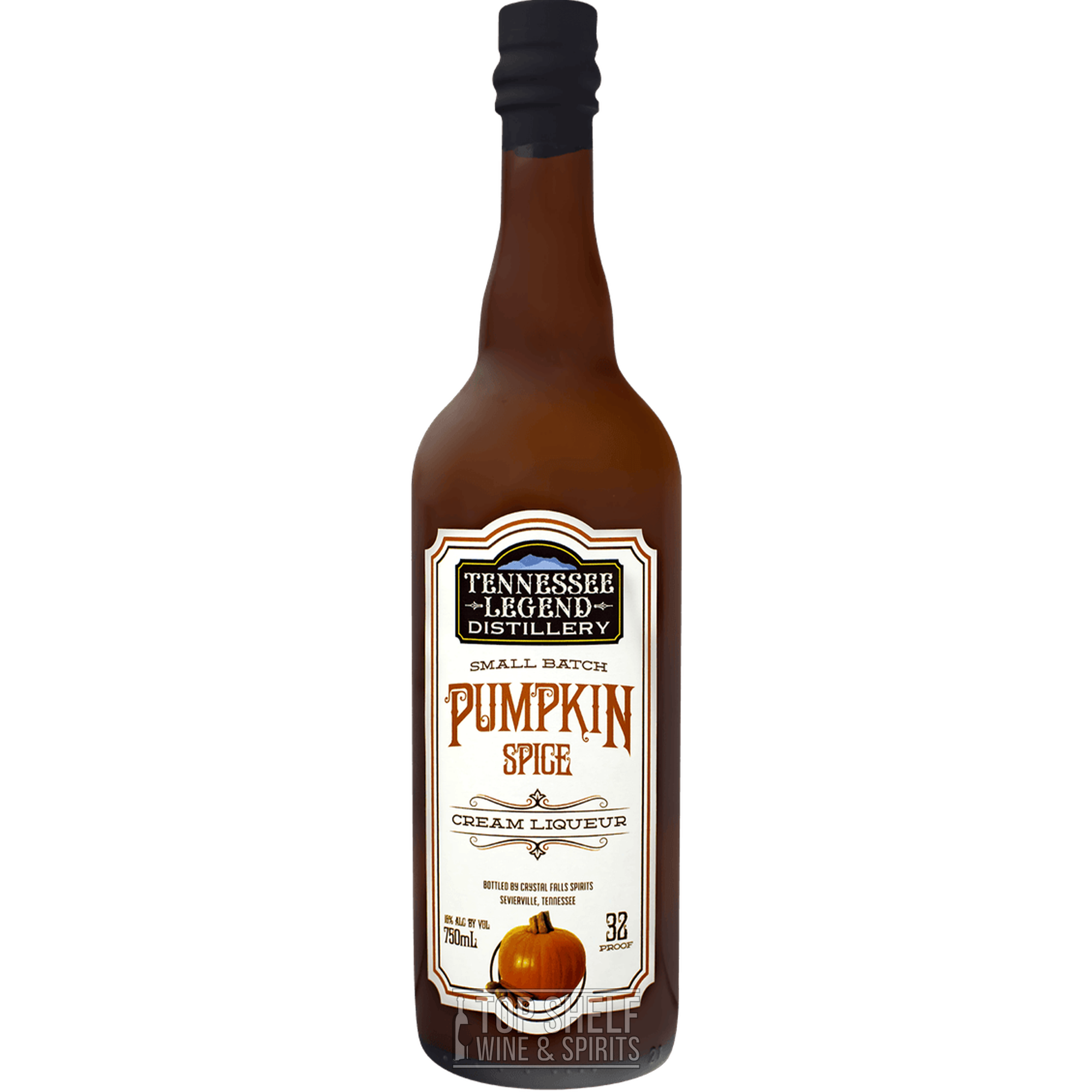 Tennessee Pumpkin Spice Cream Liqueur bottle featuring fall flavors and warm spices in a 750ml glass container.