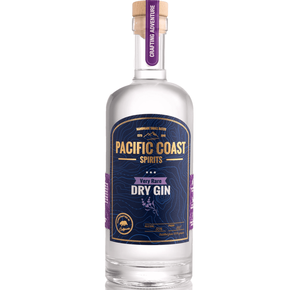 Bottle of Pacific Coast Very Rare Dry Gin showcasing its unique design and craftmanship.