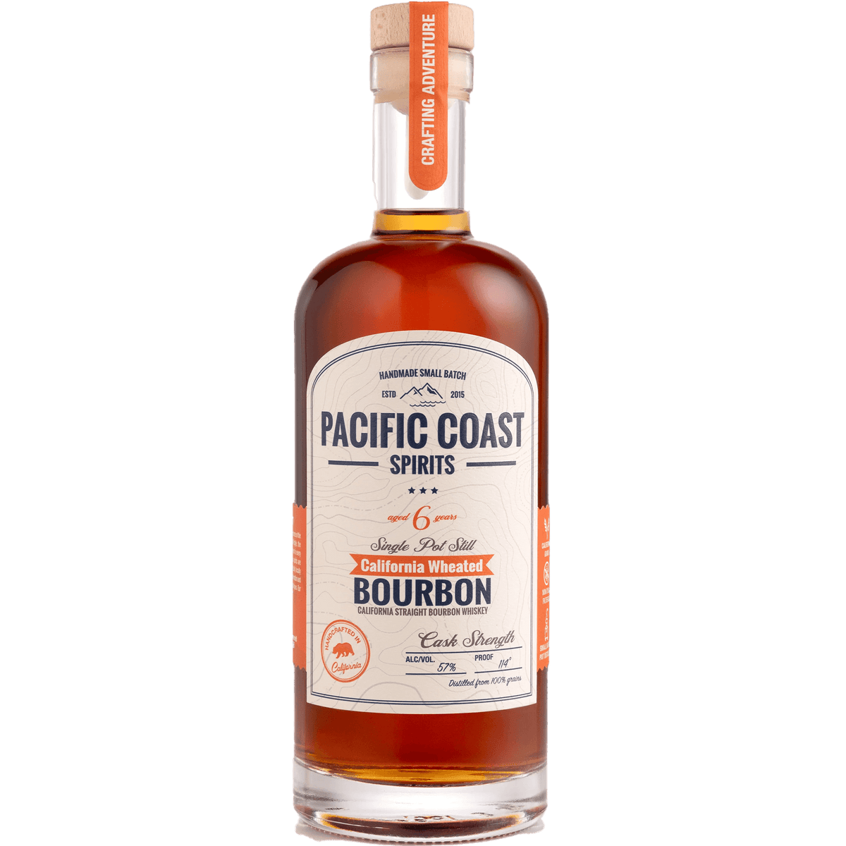 Pacific Coast 6 Year Wheated Bourbon in a bottle, showcasing rich flavors of caramel, vanilla, and oak.