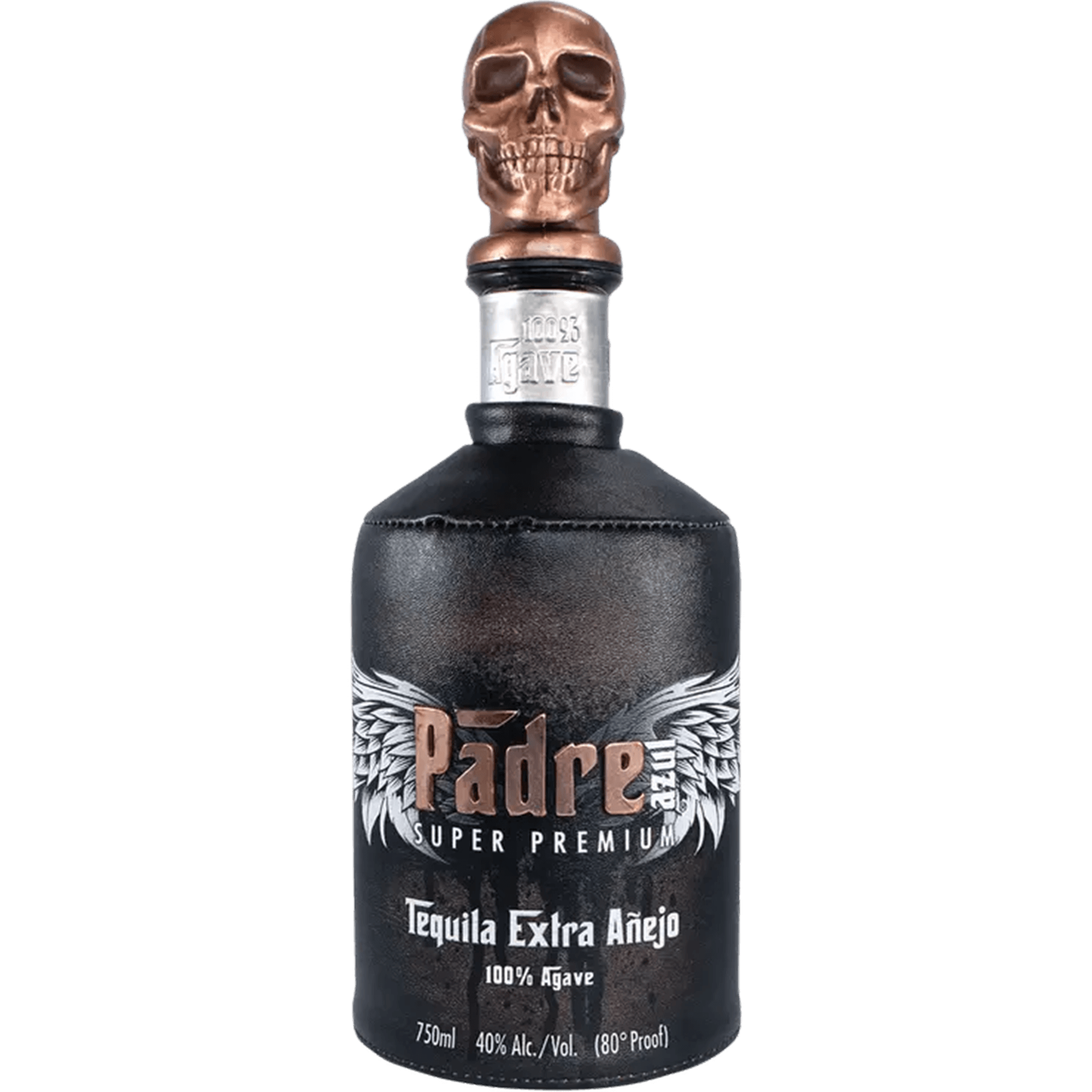 Padre Azul Extra Añejo Tequila bottle with a skull-shaped cork, showcasing its super premium quality and elegance.