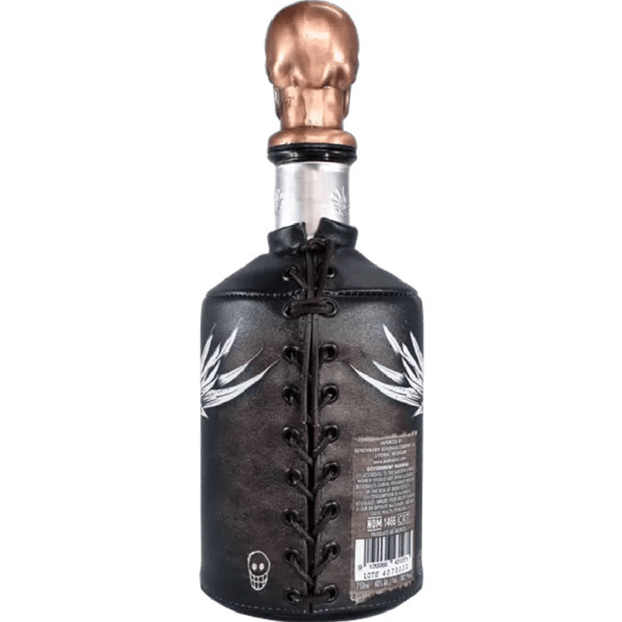 Bottle of Padre Azul Extra Añejo Tequila featuring a unique skull-shaped cork and intricate leather design.