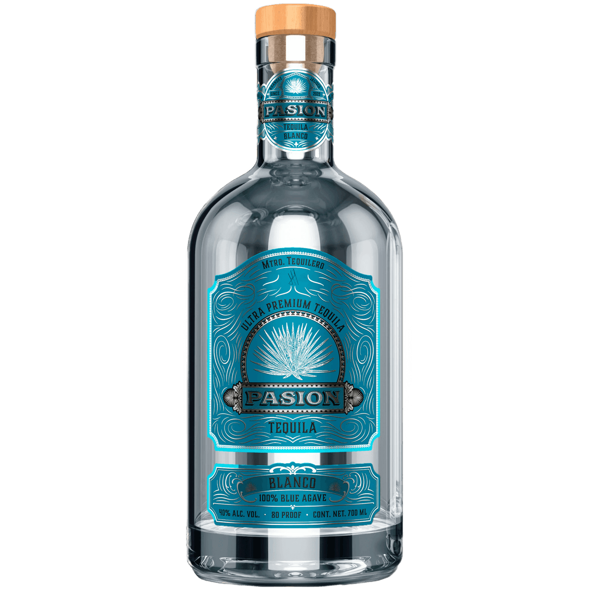 Pasión Tequila Blanco 700ml bottle showcasing its crystal-clear appearance and vibrant label design.