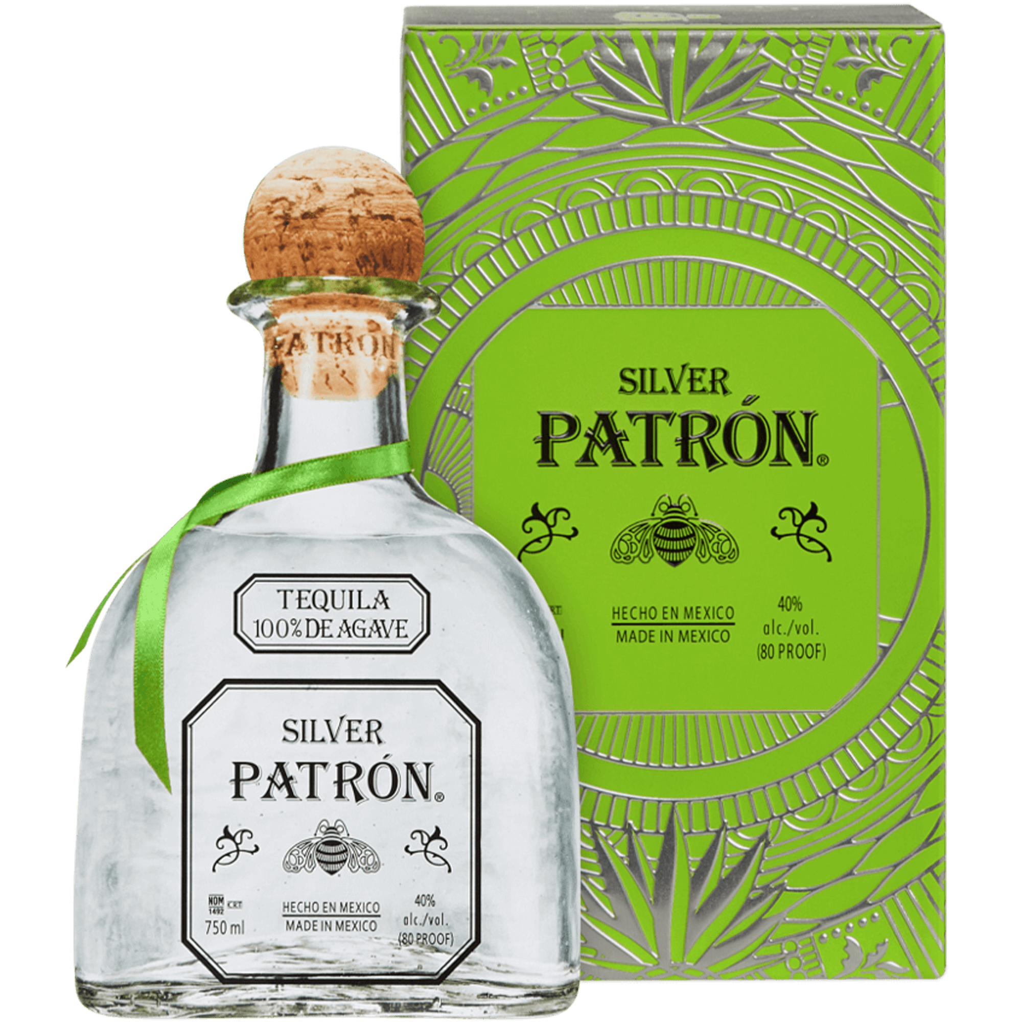 Patrón Silver Tequila bottle with green gift box, made from 100% Weber Blue Agave, perfect for cocktails.