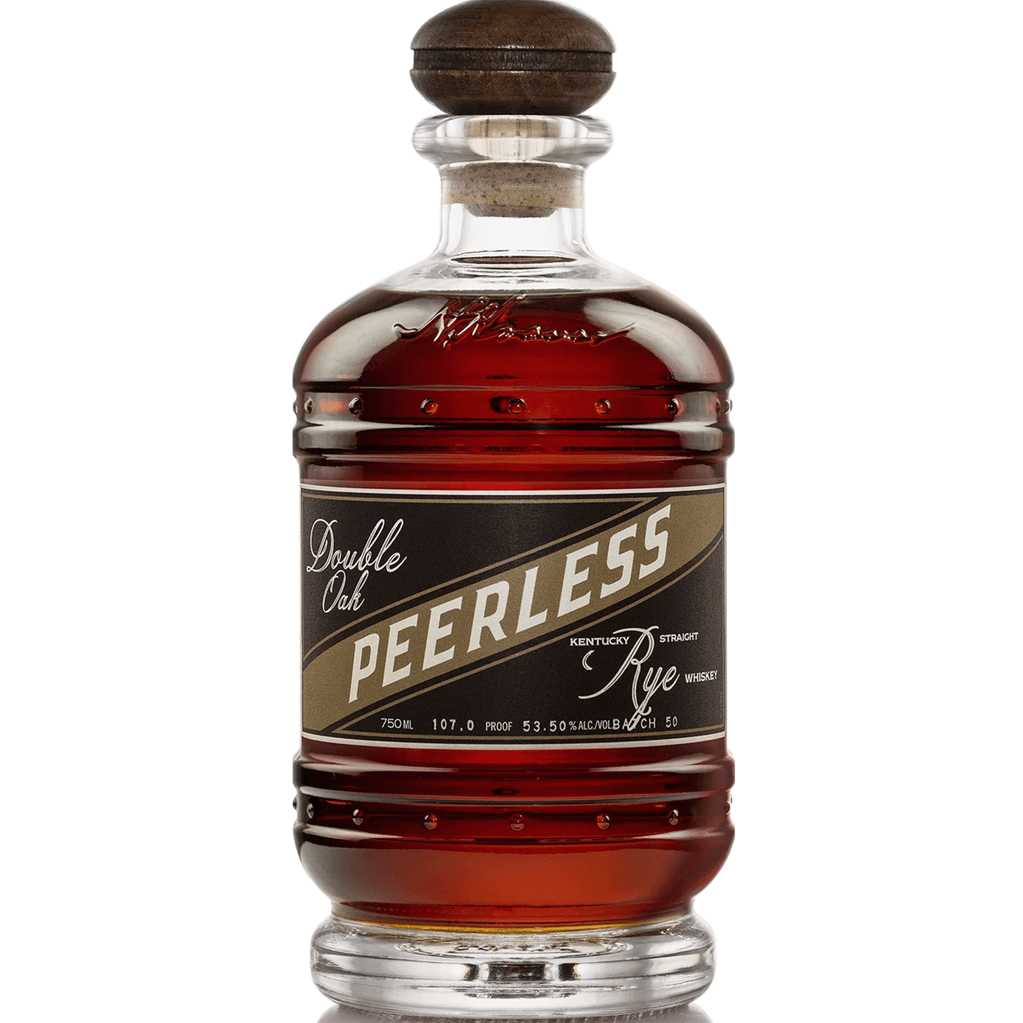 Peerless Double Oak Rye Whiskey bottle showcasing rich amber color and unique double barrel design.